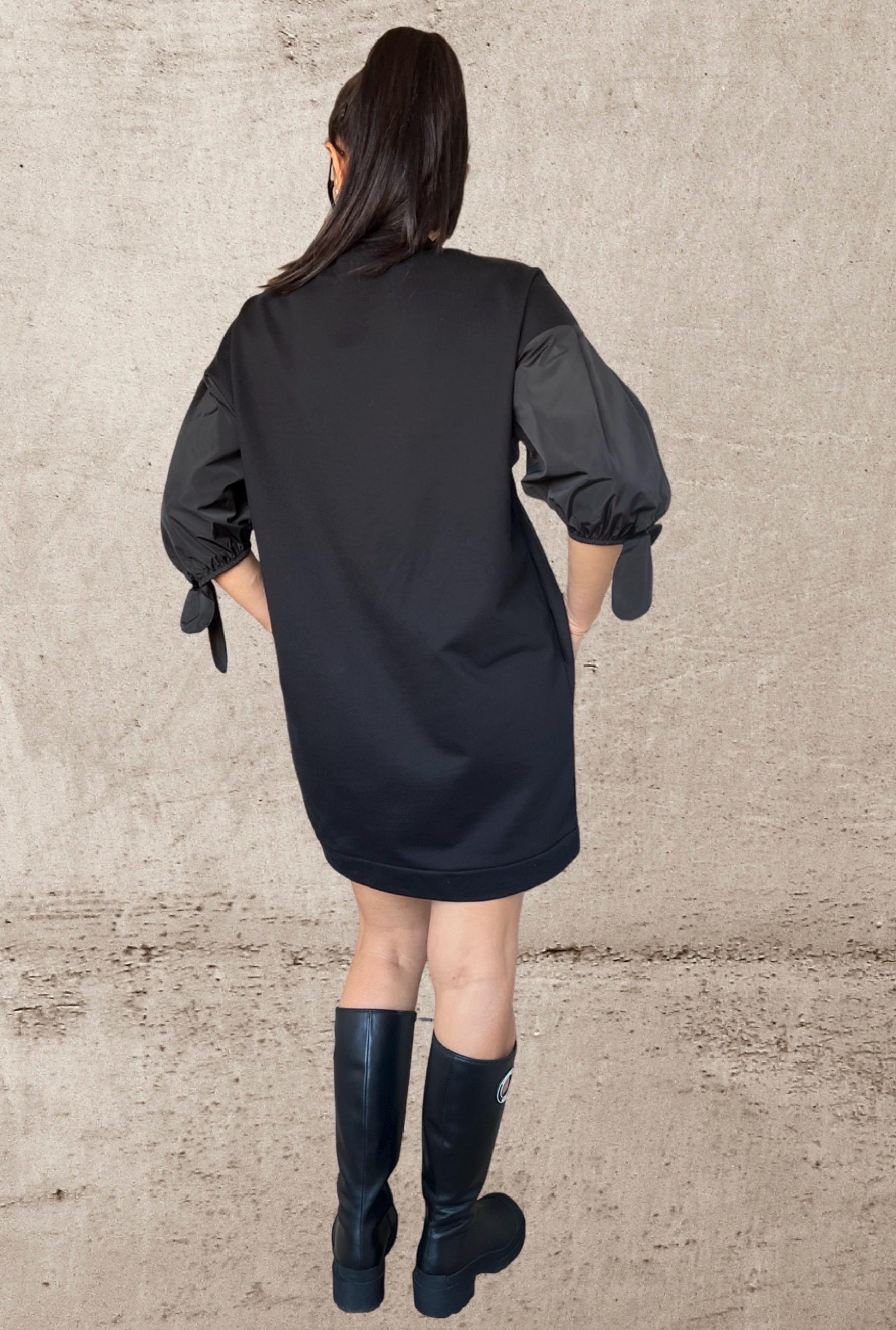 Black Cotton Tunic Dress with Balloon Sleeves – Short Puff Sleeve Dress – Oversized Minimalist Tunic – Handmade Custom XS–5XL