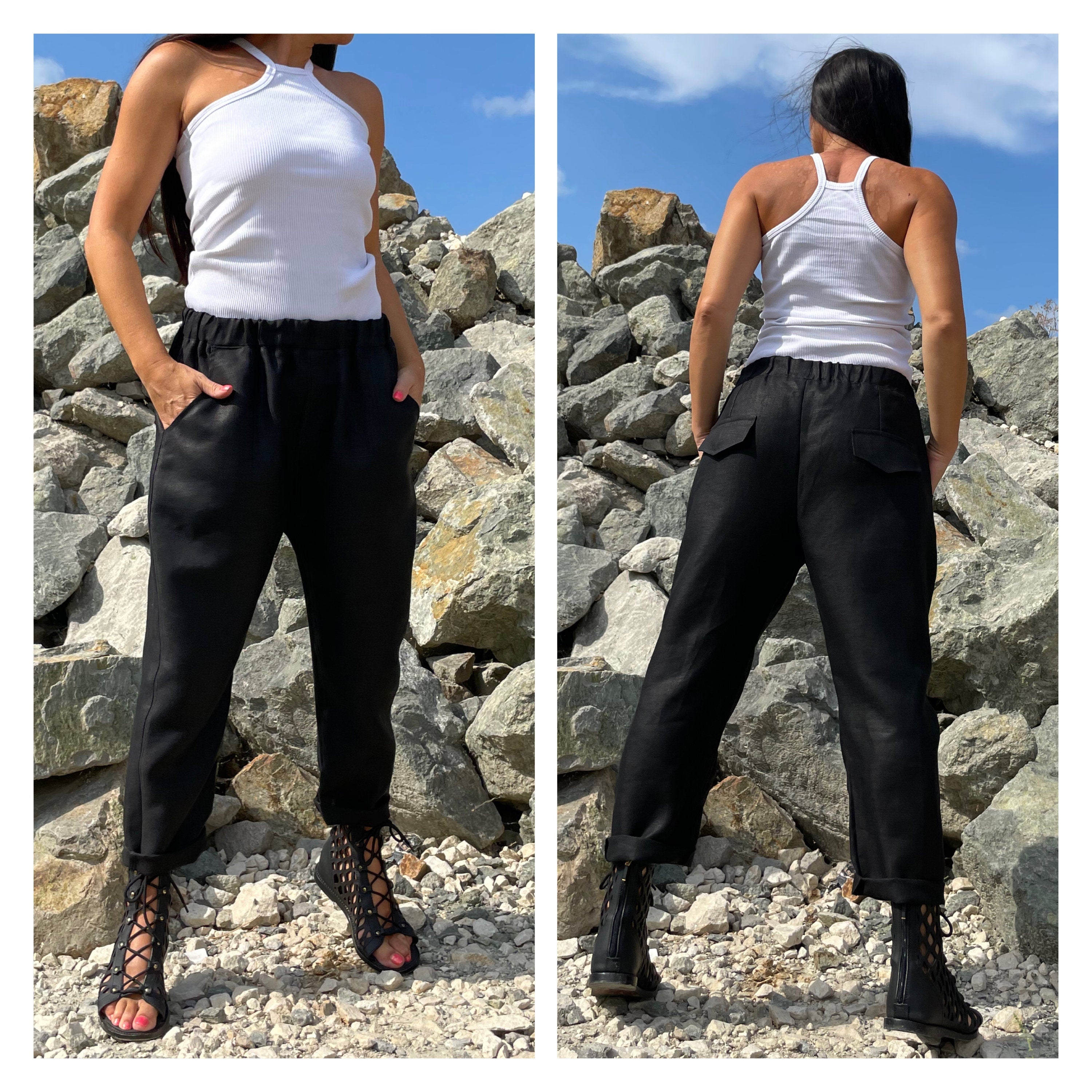 Women’s Black Linen Pants – High-Waist Drawstring Trousers with Pockets / Casual Summer Streetwear