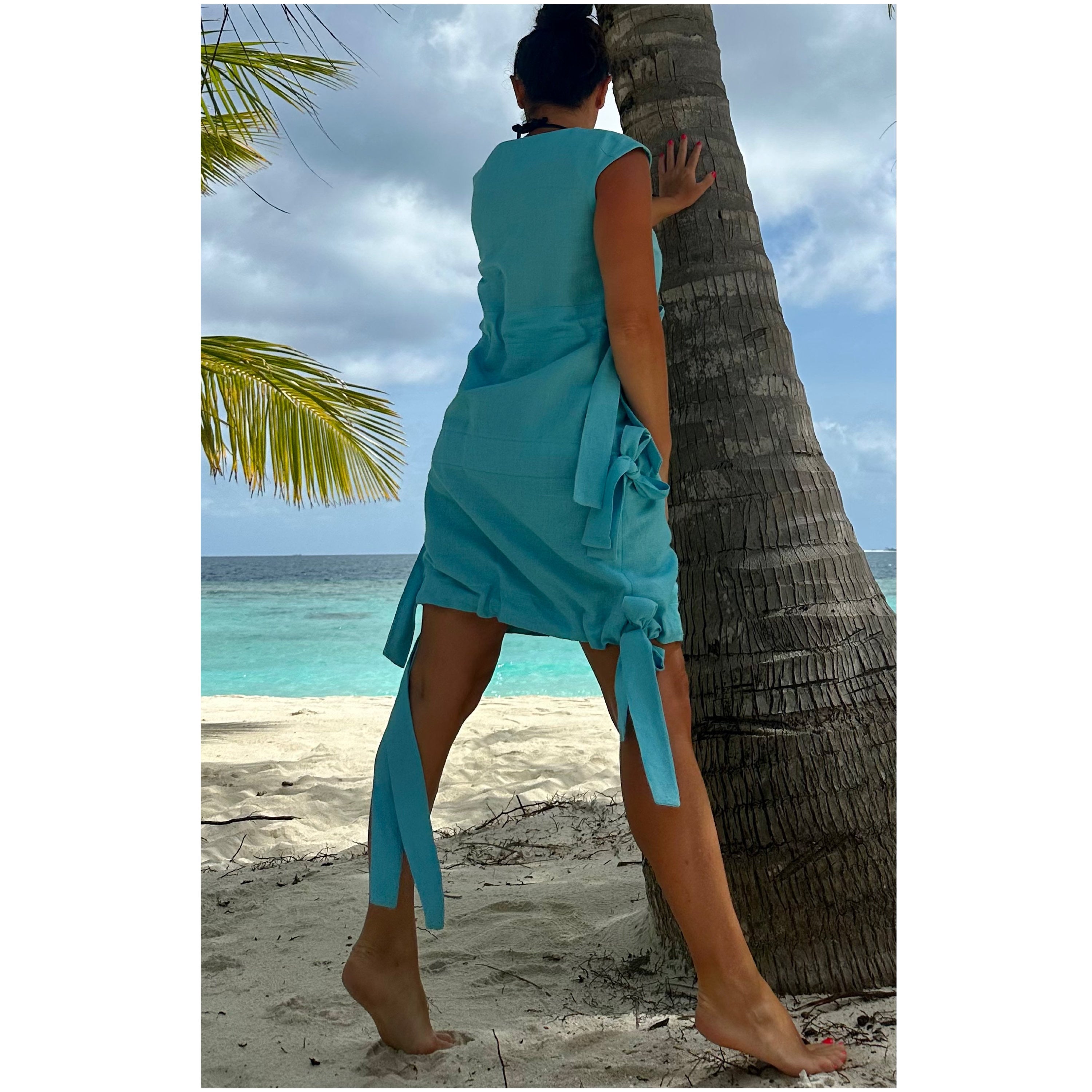 Women’s Light Blue Linen Dress – Sleeveless Summer Tunic with Side Ties / Beachwear Resort