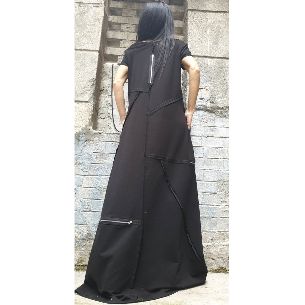 Black Maxi Designer Dress – Avant-Garde Cut Dress with Zippers & Exposed Seams / Cotton Fleece Jersey / Oversized Architectural Dress XS–5XL