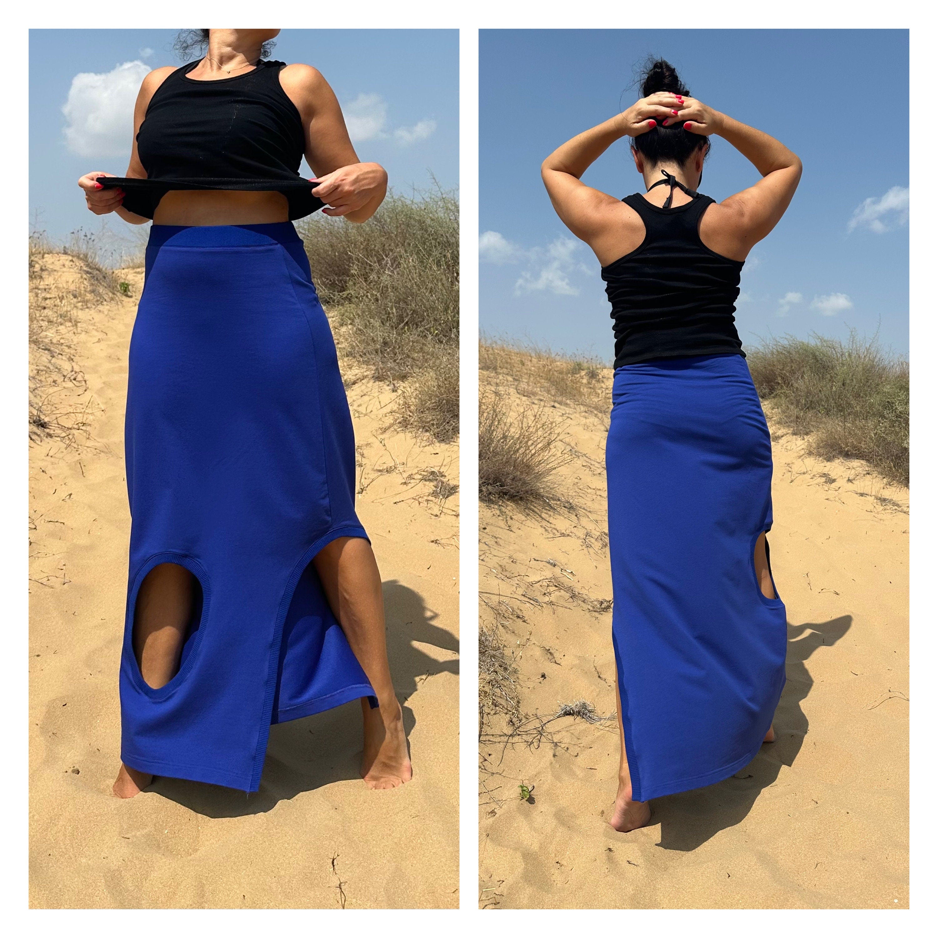 High-Waisted Cotton Skirt – Blue Maxi Skirt with Side Cut-Out and Slit / Handmade Summer Fashion