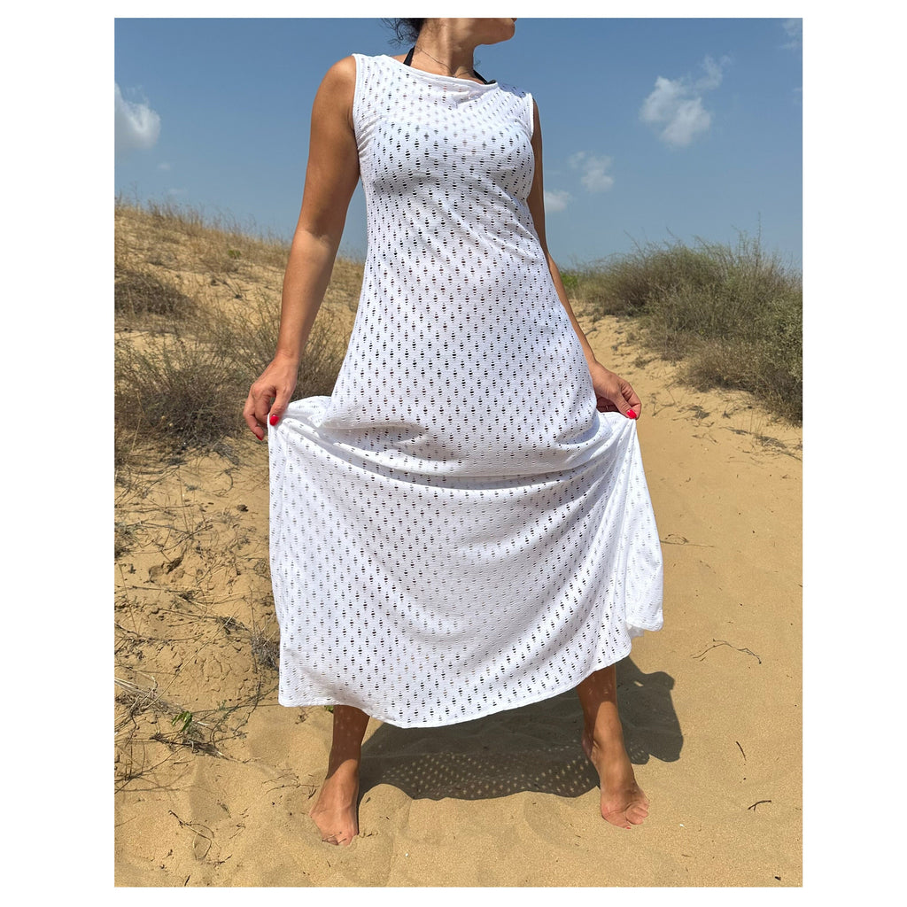 White Cotton Knit Maxi Dress / Sleeveless Summer Beach Dress