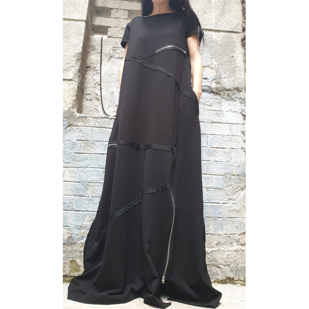 Black Maxi Designer Dress – Avant-Garde Cut Dress with Zippers & Exposed Seams / Cotton Fleece Jersey / Oversized Architectural Dress XS–5XL