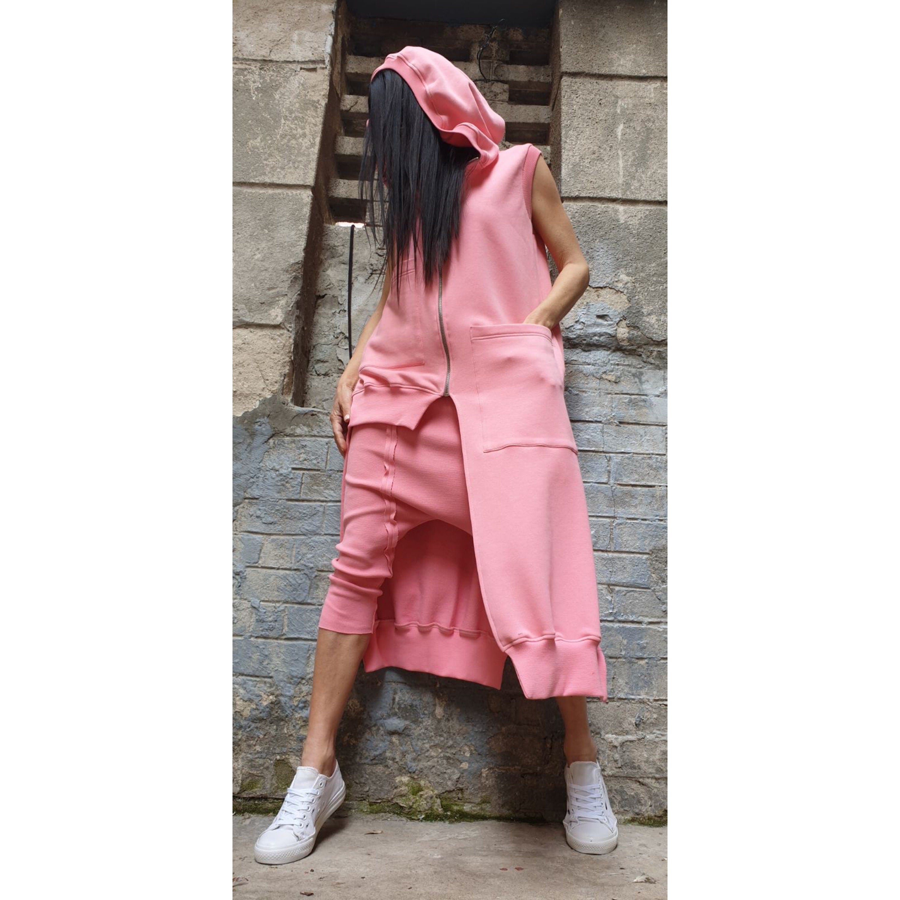 Pink Asymmetric Hooded Vest & Harem Pants Set – Warm Cotton Fleece Outfit / Avant-Garde Urban Two Piece
