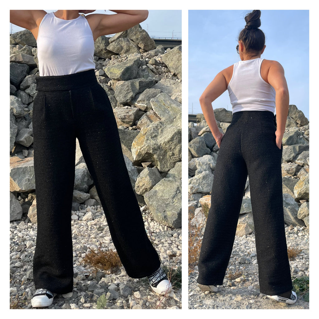 Black Tweed Wide-Leg Pants – High Waist Bouclé Trousers with Side Pockets