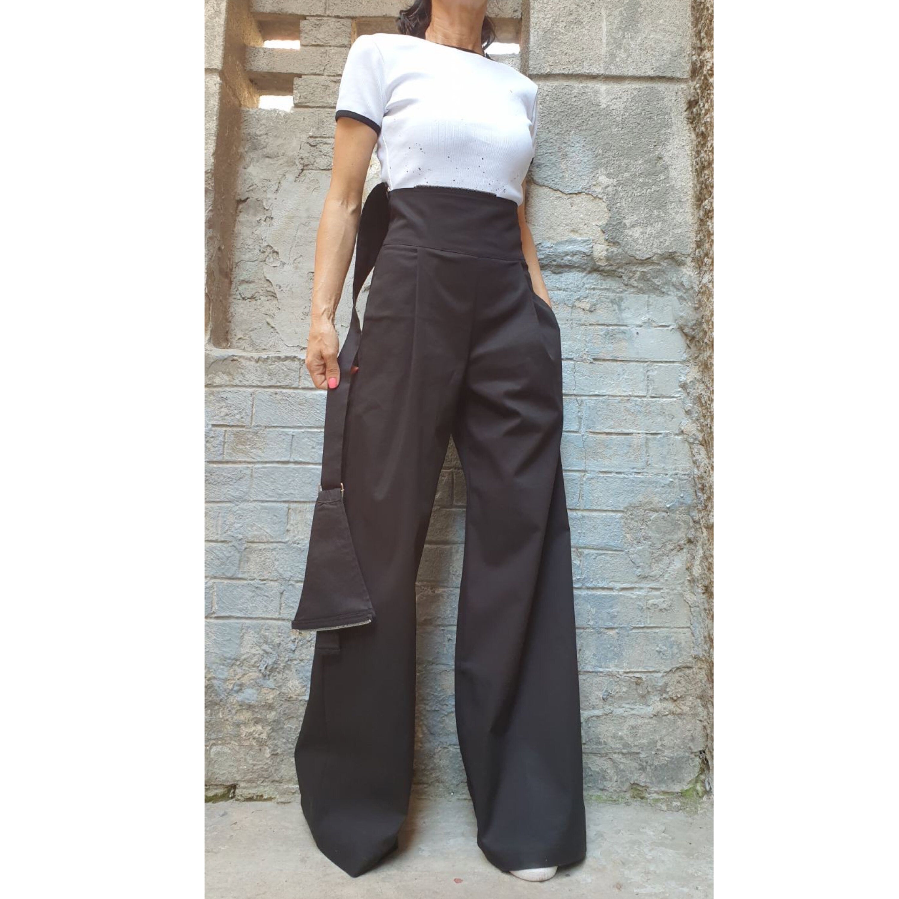 Black High Waist Wide Leg Pants – Asymmetrical Strap Detail, Designer Cotton Trousers with Pockets