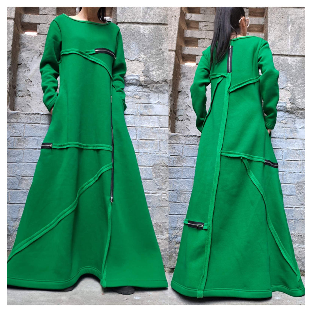 Winter Long Maxi Dress – Avant-Garde Asymmetric Warm Fleece Dress with Zippers / Green Three-Thread Cotton Sweatshirt Dress / Oversized Casu