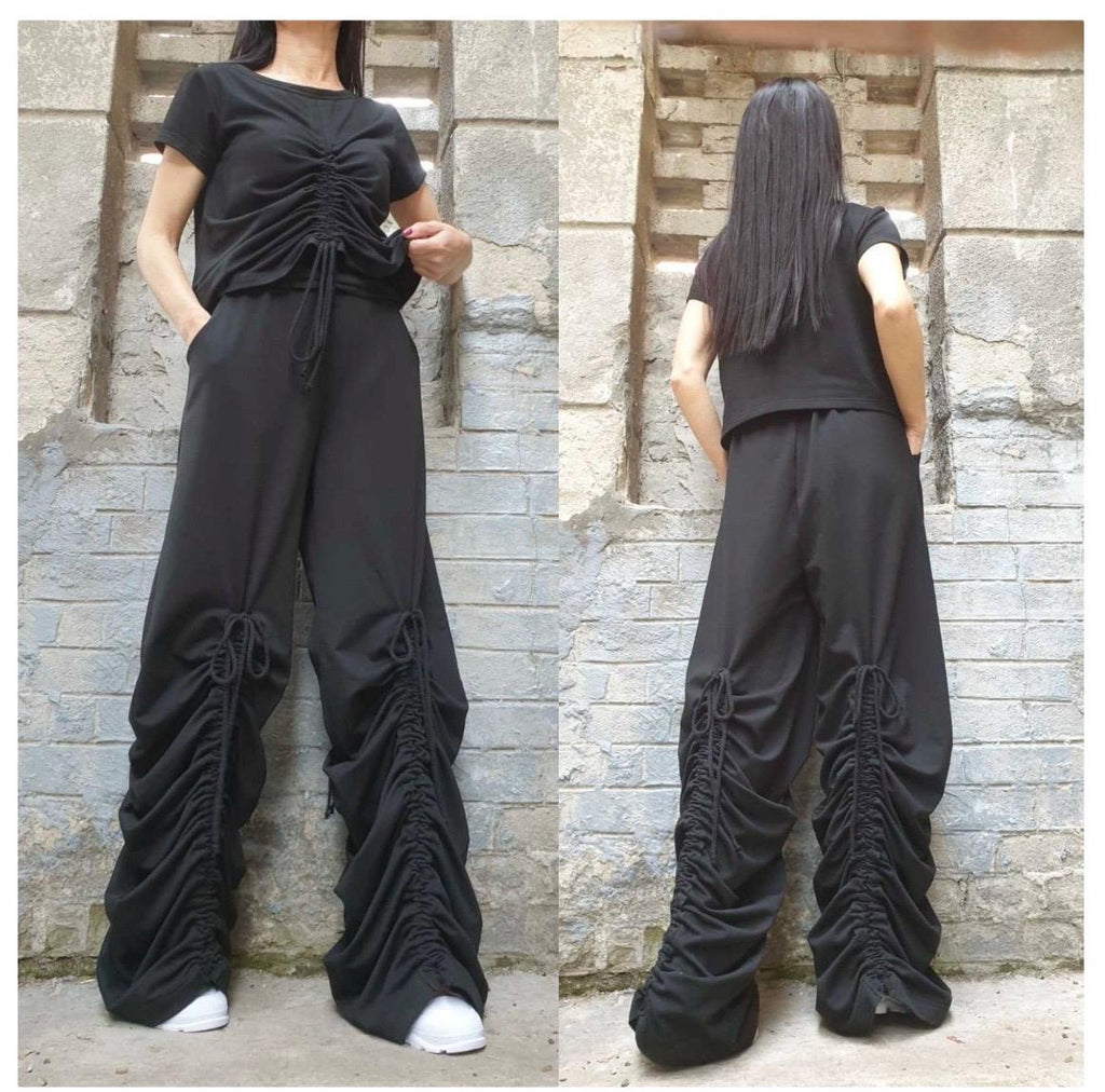 Avant-Garde Wide Leg Pants – Dark Grey Ruched Trousers with High Waist & Pockets