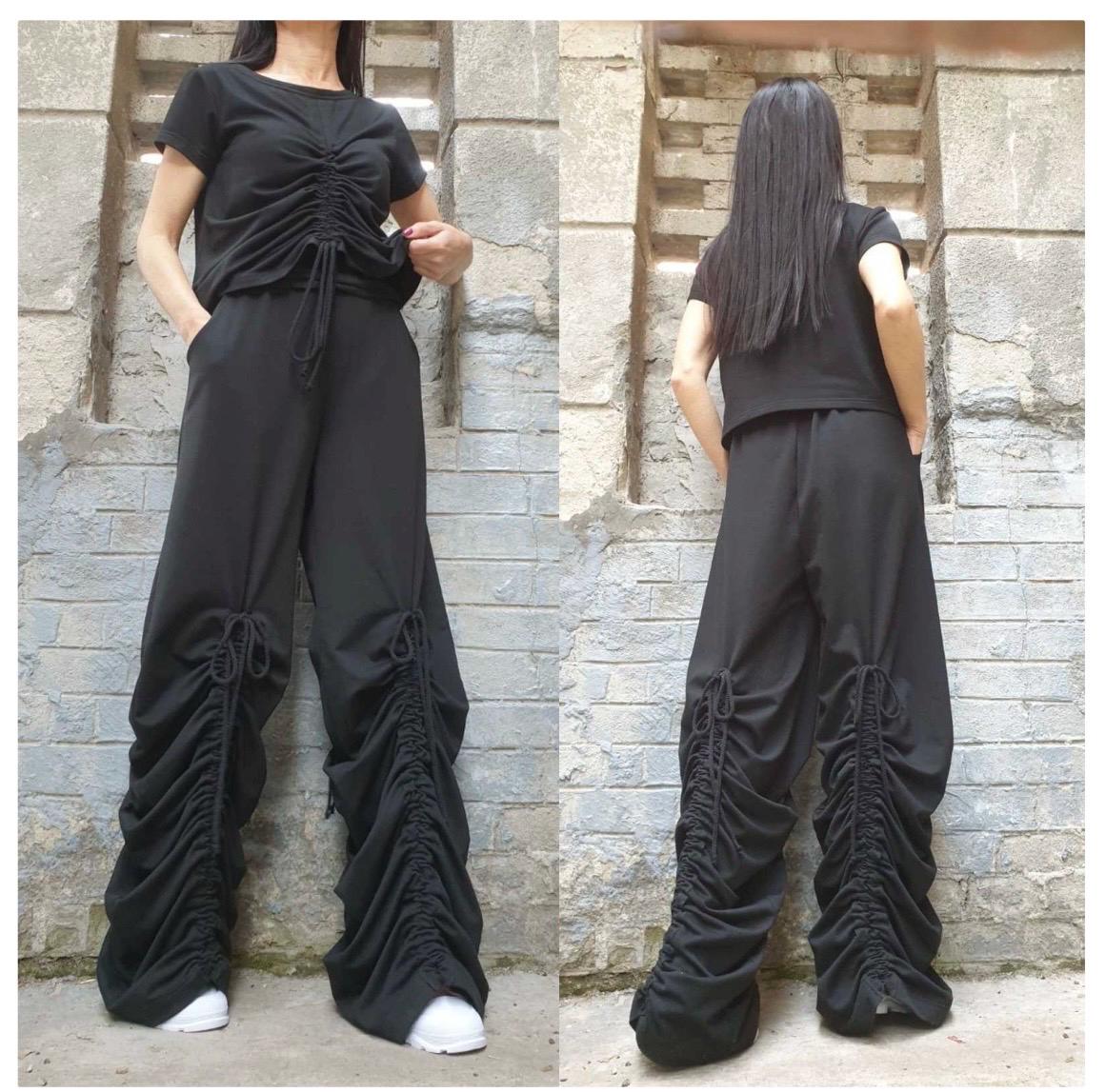 Avant-Garde Wide Leg Pants – Dark Grey Ruched Trousers with High Waist & Pockets