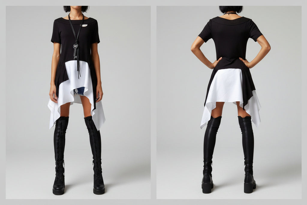 Asymmetric Black and White Cotton Tunic Top – Avant-Garde Short Sleeve Blouse / Modern Casual Designer Top