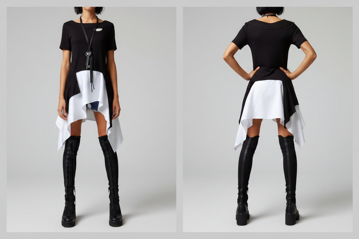 Asymmetric Black and White Cotton Tunic Top – Avant-Garde Short Sleeve Blouse / Modern Casual Designer Top