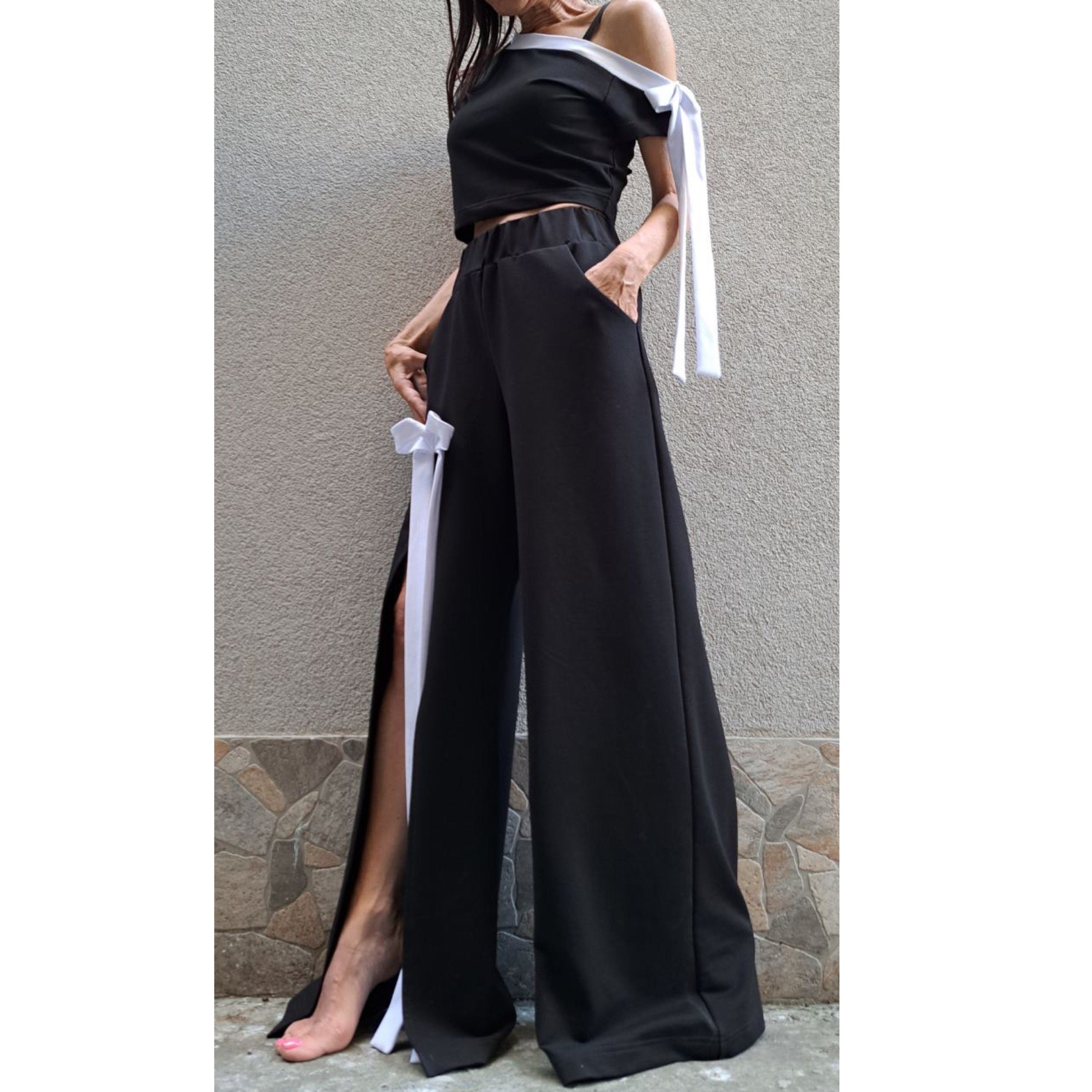 Asymmetric Black Cotton Set with Bow Detail – One Shoulder Top & High Waist Wide Leg Pants