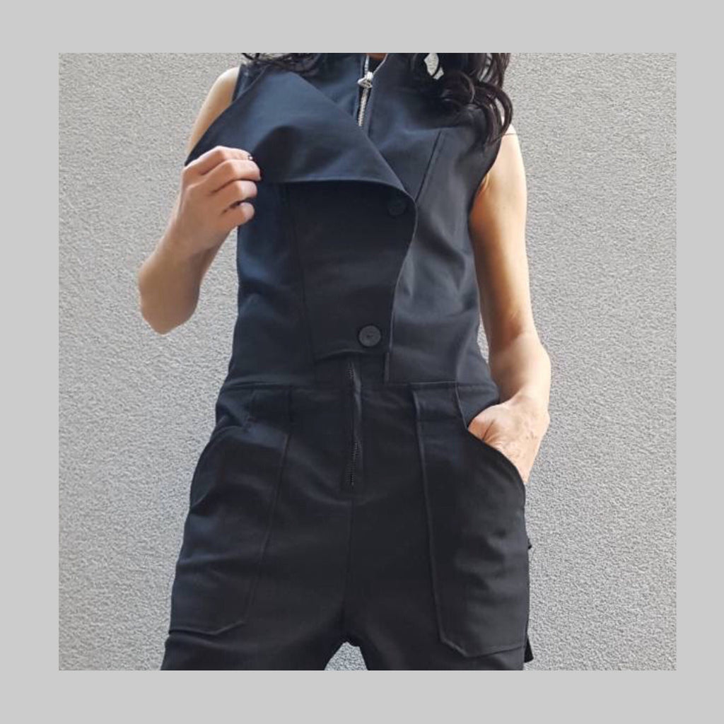 Black Cotton Jumpsuit with Asymmetric Details – Sleeveless Designer Overall
