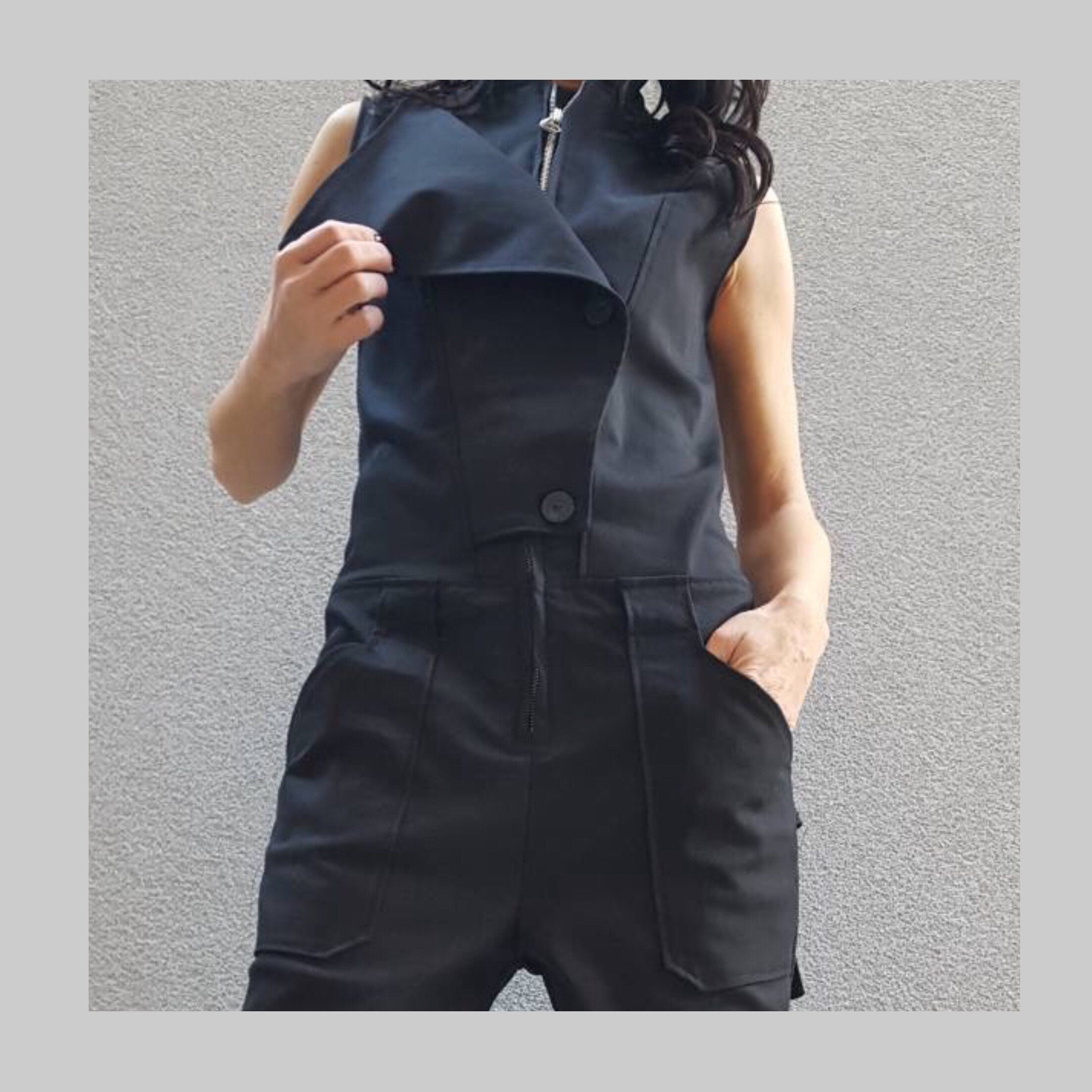 Black Cotton Jumpsuit with Asymmetric Details – Sleeveless Designer Overall