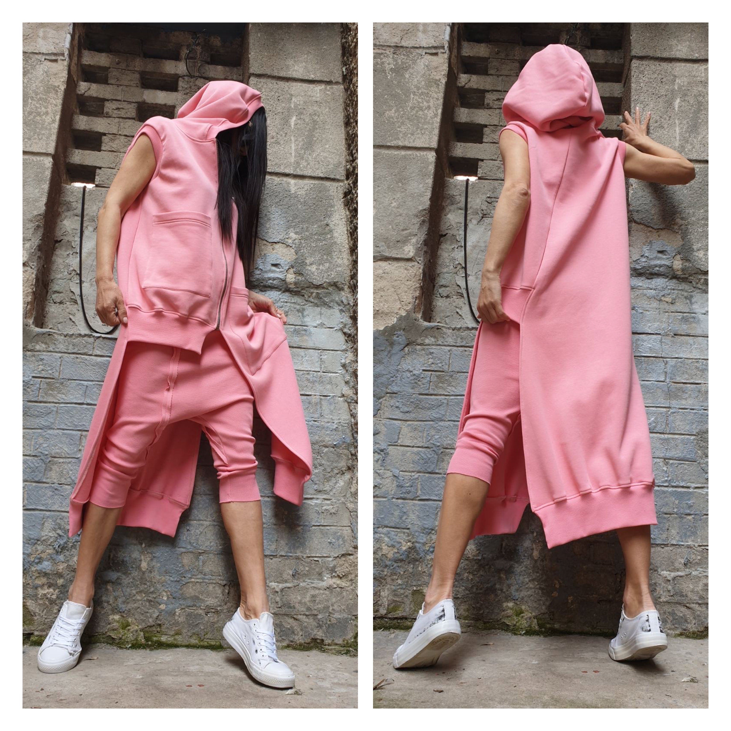 Pink Asymmetric Hooded Vest & Harem Pants Set – Warm Cotton Fleece Outfit / Avant-Garde Urban Two Piece