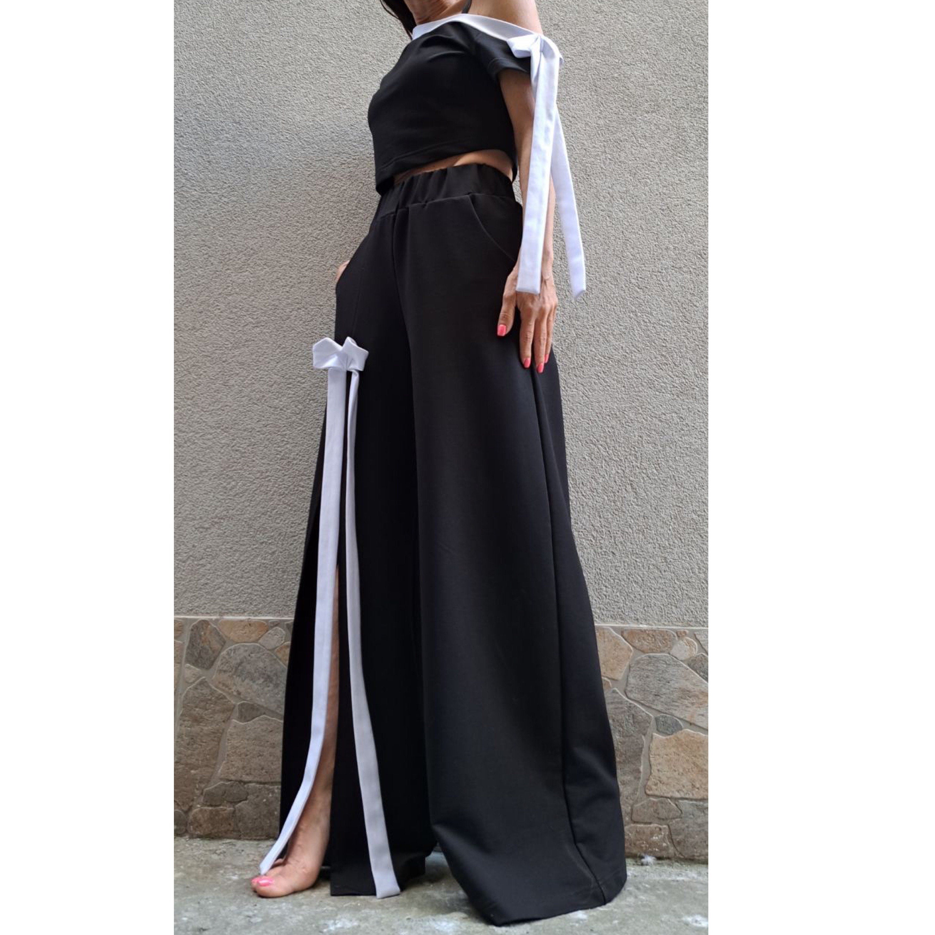 Asymmetric Black Cotton Set with Bow Detail – One Shoulder Top & High Waist Wide Leg Pants