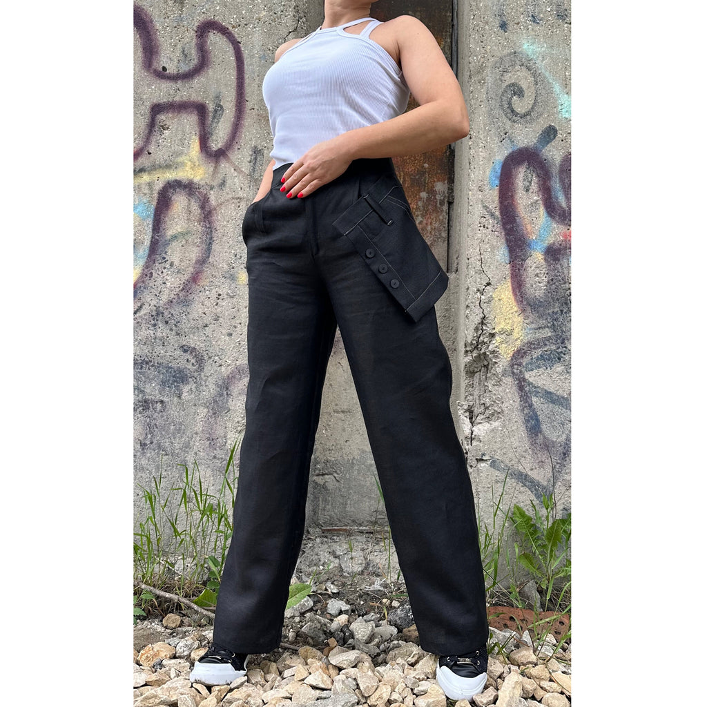 Black Linen High-Waisted Pants with Removable Overlay Skirt – Wide-Leg Trousers with Pockets