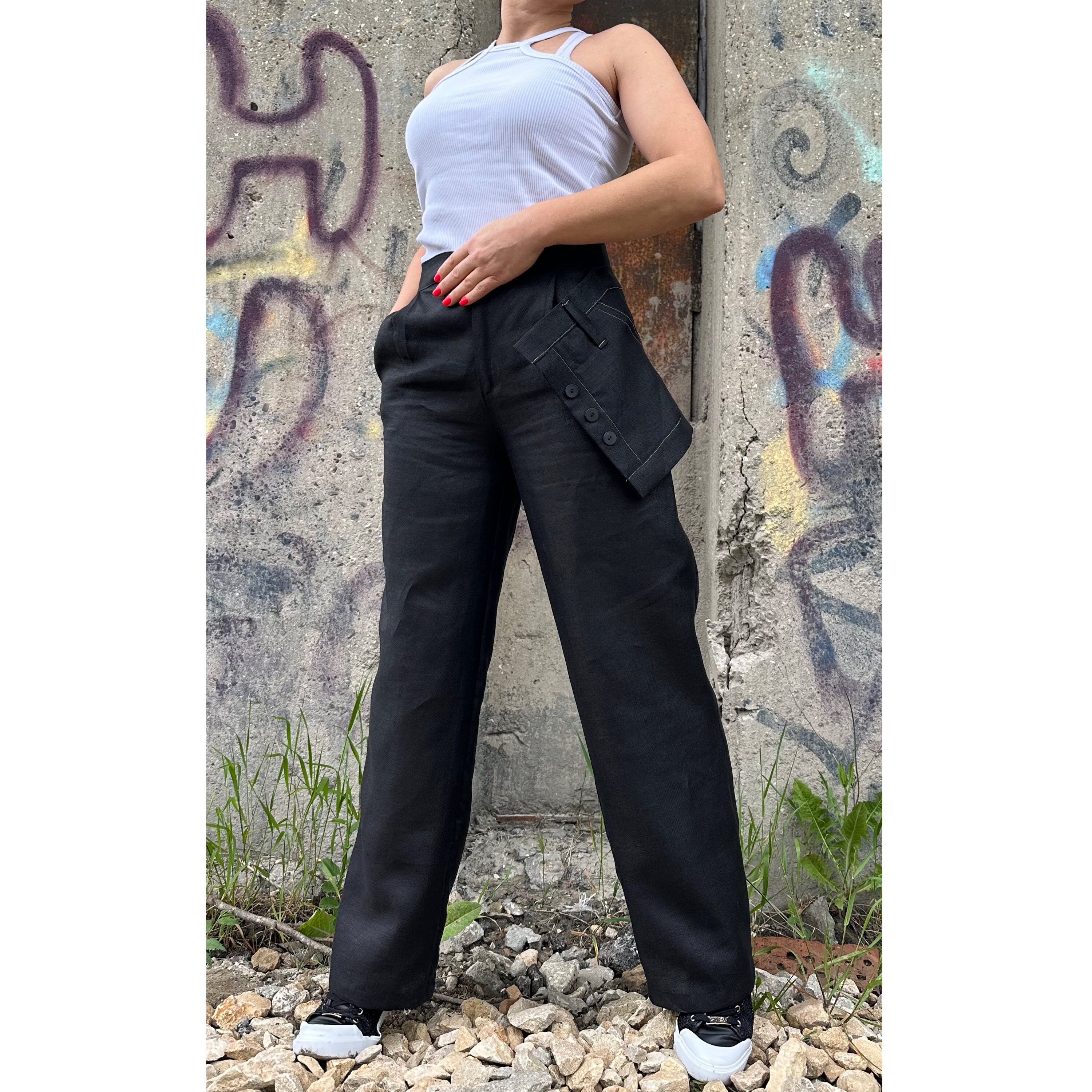 Black Linen High-Waisted Pants with Removable Overlay Skirt – Wide-Leg Trousers with Pockets