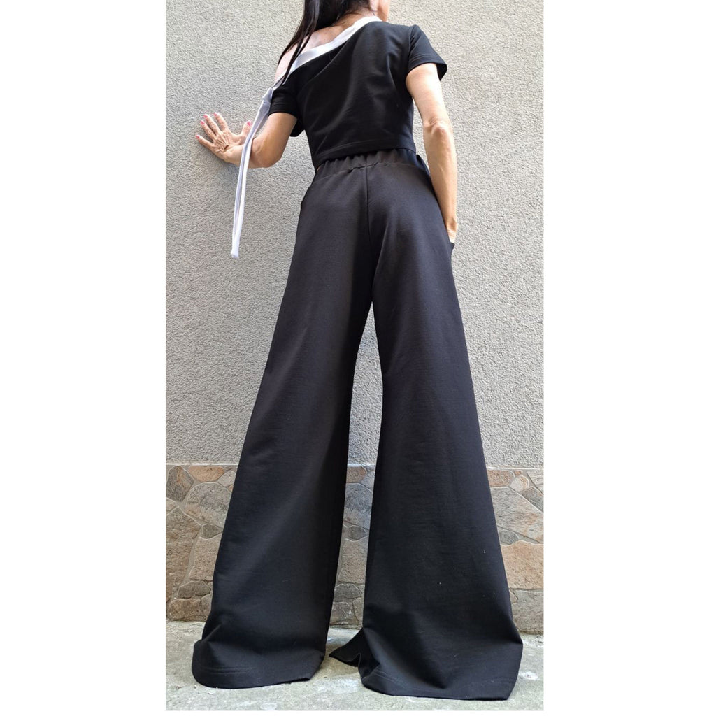 Asymmetric Black Cotton Set with Bow Detail – One Shoulder Top & High Waist Wide Leg Pants