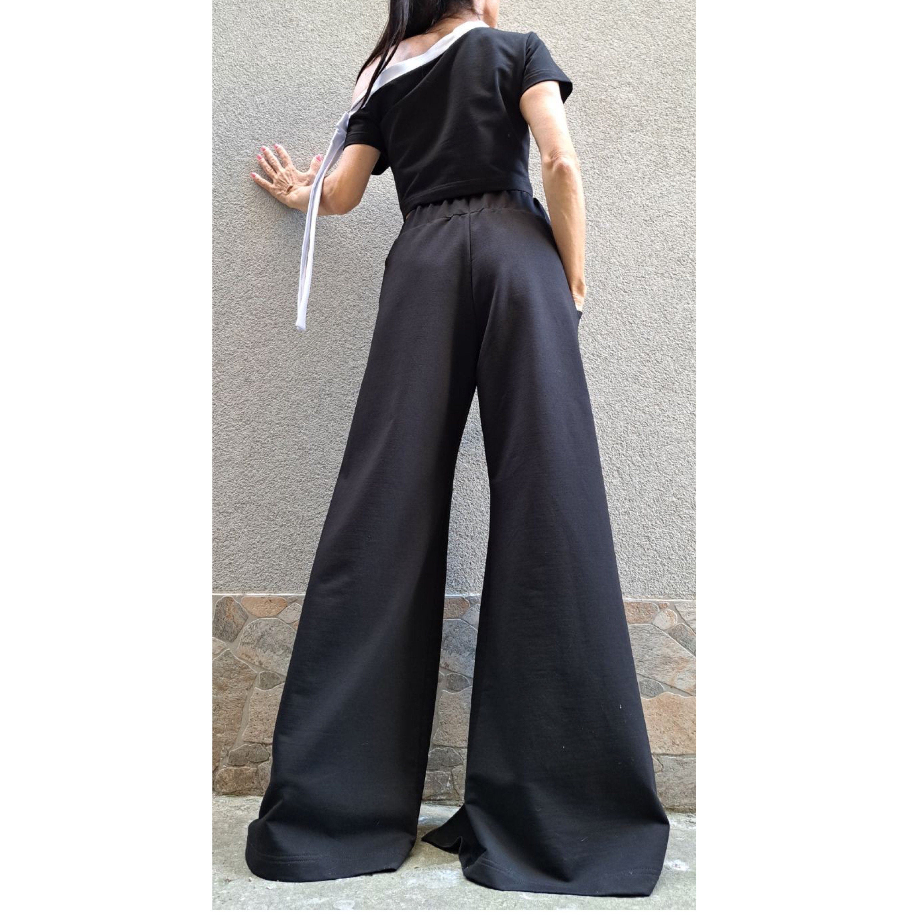 Asymmetric Black Cotton Set with Bow Detail – One Shoulder Top & High Waist Wide Leg Pants