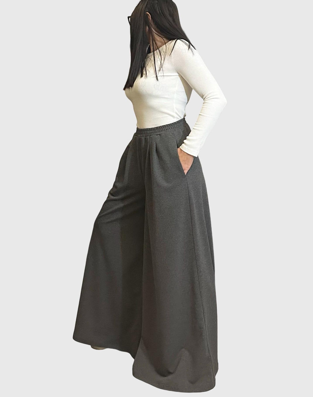 Dark Gray Cotton Palazzo Pants with Elastic Waist / High Waist Wide Leg Skirt Pants / Casual Comfortable Maxi Trousers