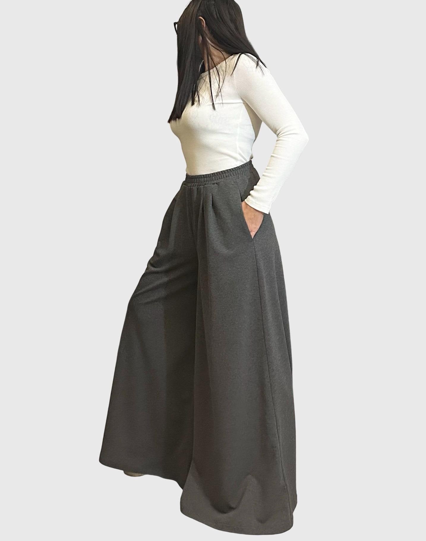 Dark Gray Cotton Palazzo Pants with Elastic Waist / High Waist Wide Leg Skirt Pants / Casual Comfortable Maxi Trousers