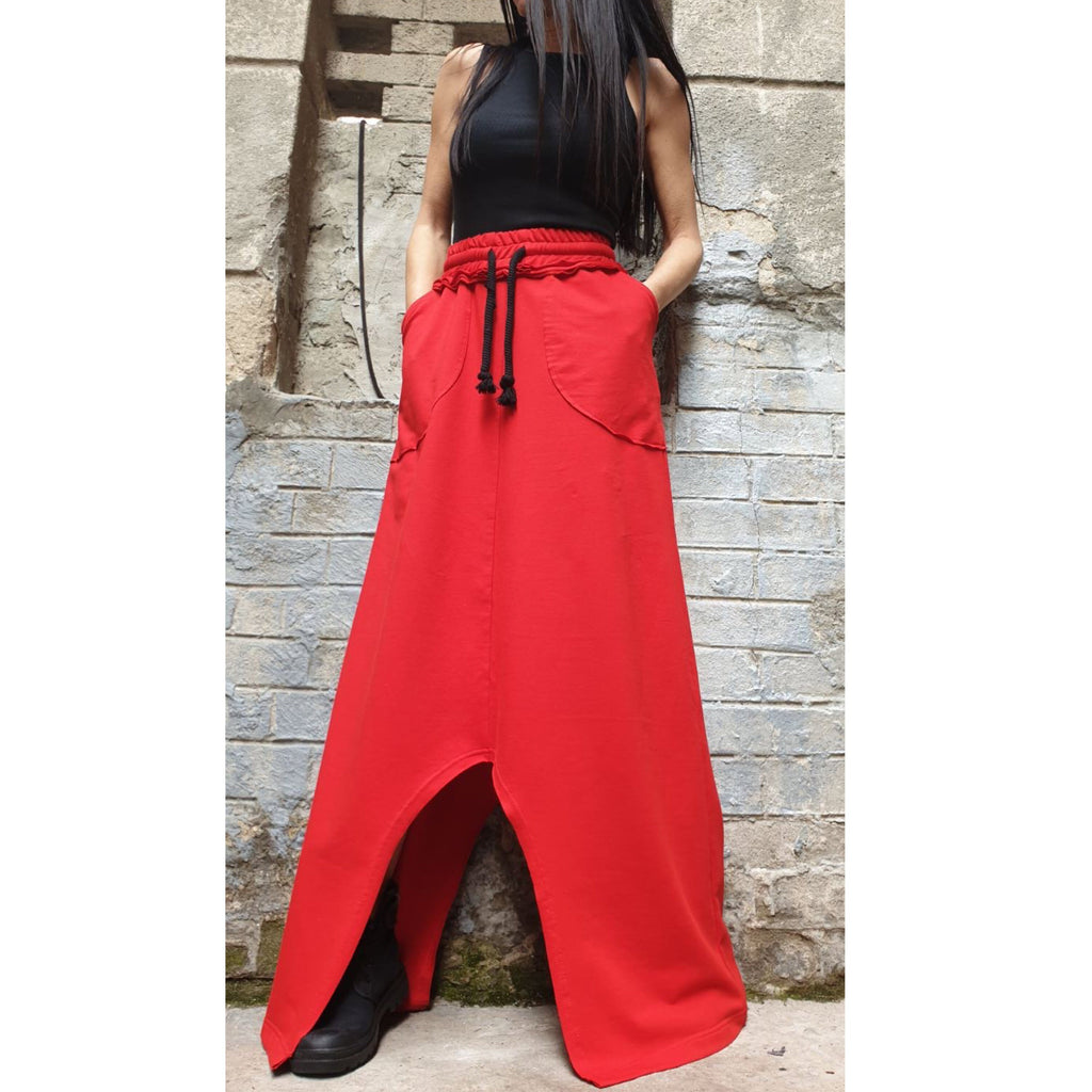 Asymmetrical Red Maxi Skirt / High Waist Cotton Skirt with Pockets / Avant-Garde Style
