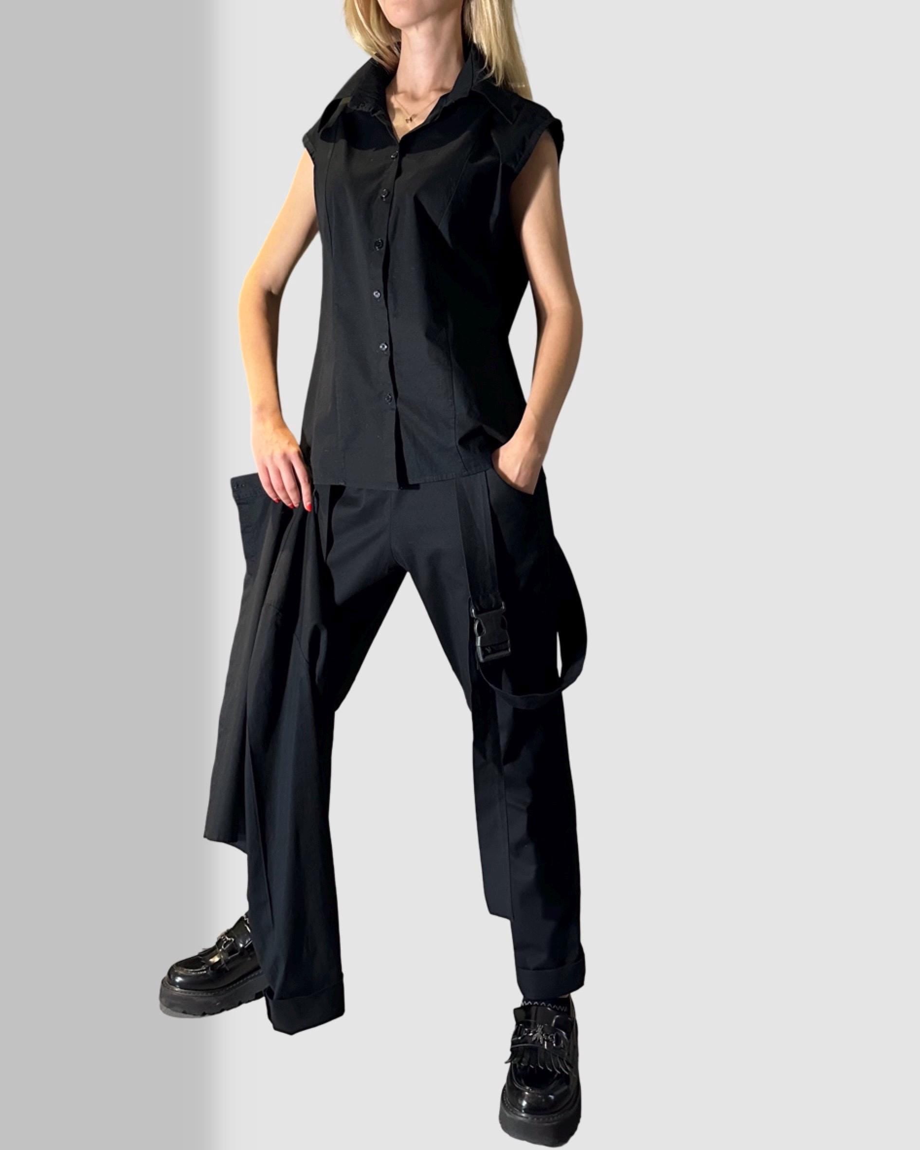 Avant-Garde Black Women’s Shirt / Two-Piece Sleeveless Shirt with Detachable Long Sleeve / Designer Statement Top