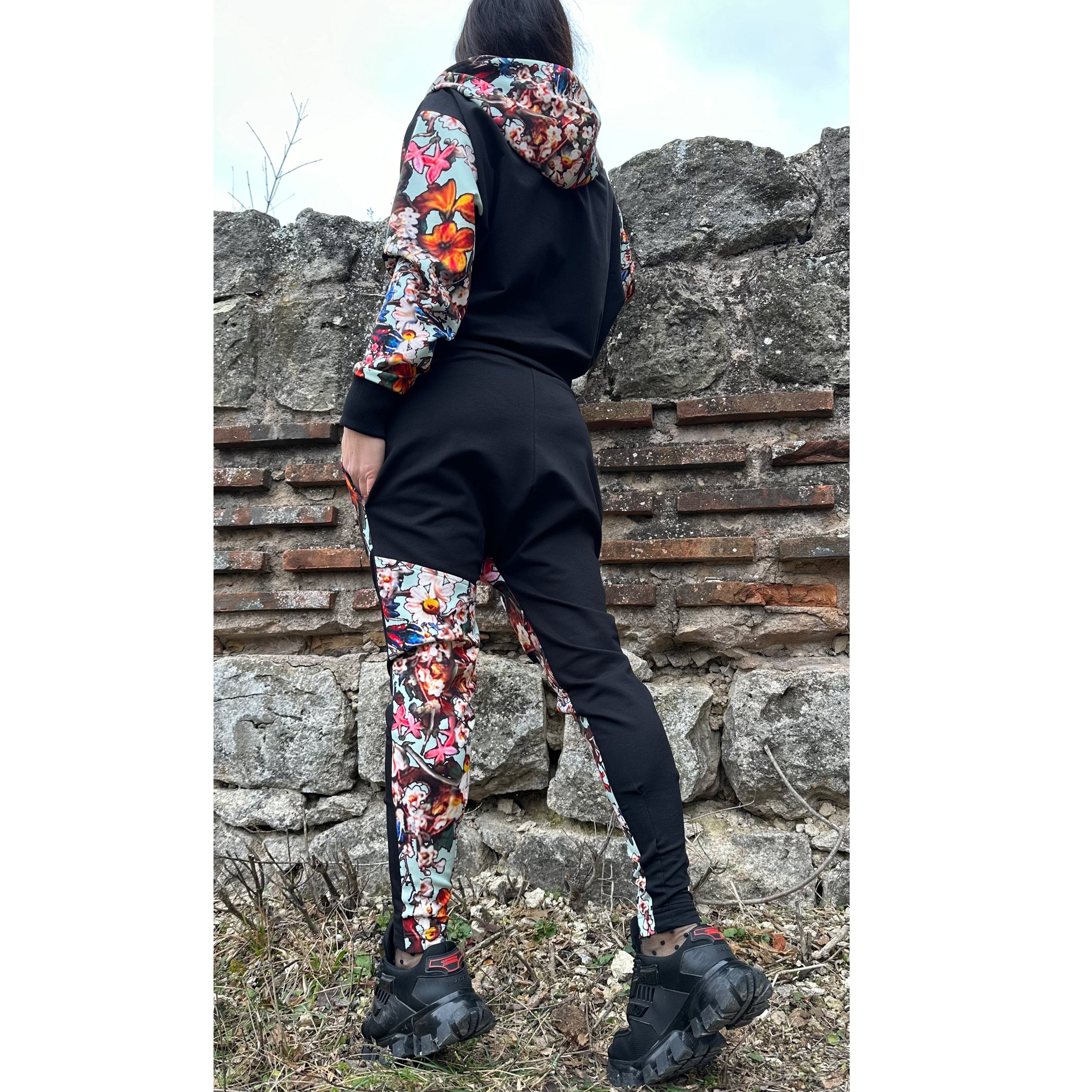 Women’s Neoprene Tracksuit – Hoodie and Joggers in Colorful Patchwork / Handmade Two-Piece  Аthleisure Set