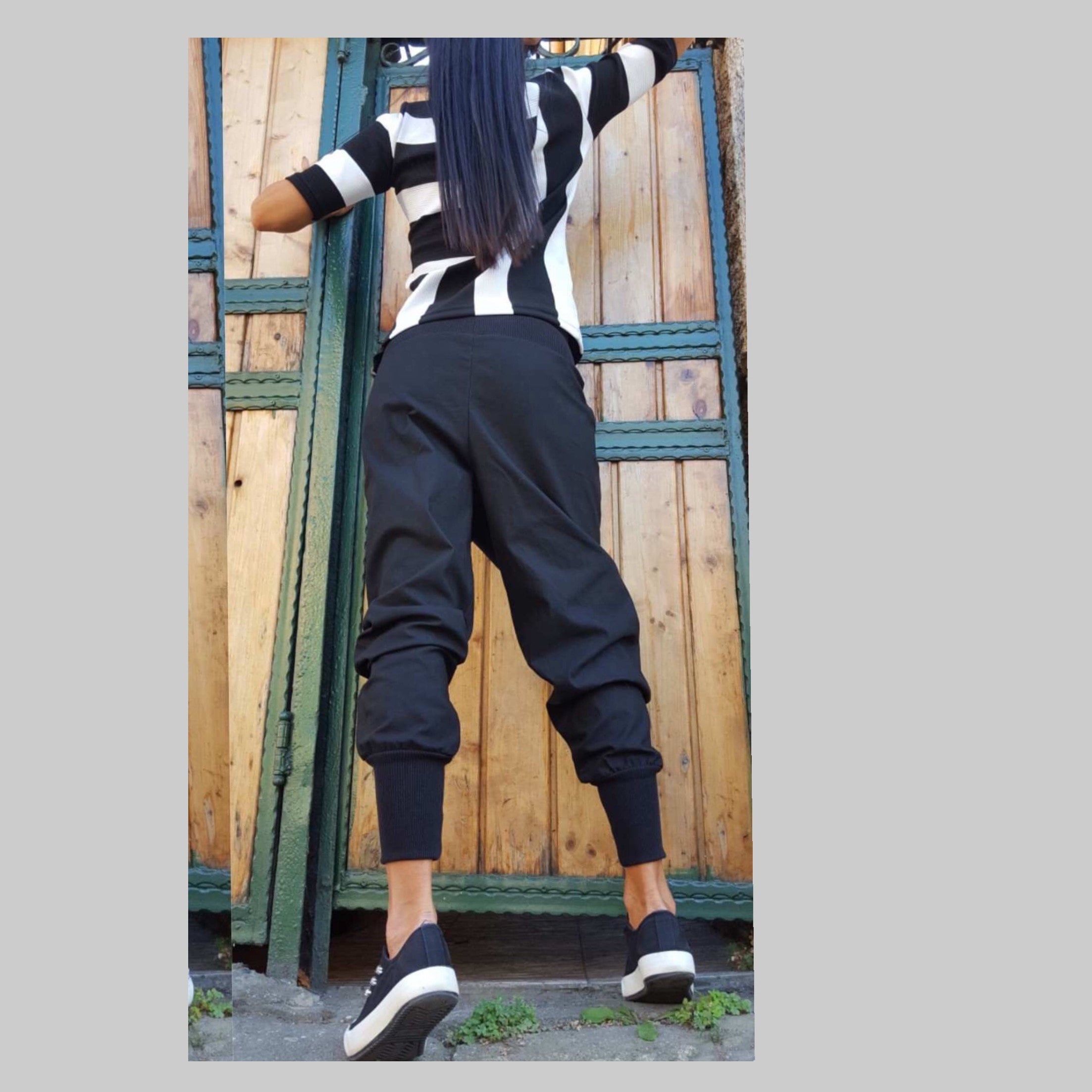 Asymmetric Black Cotton Pants – Women’s Avant-Garde Stretch Trousers with Elastic Waist & Cuffed Legs / Designer Streetwear
