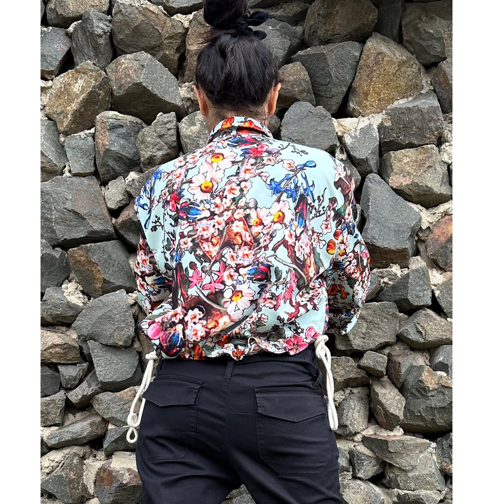 Colourful Neoprene Blouse: Asymmetric Button-Up Top