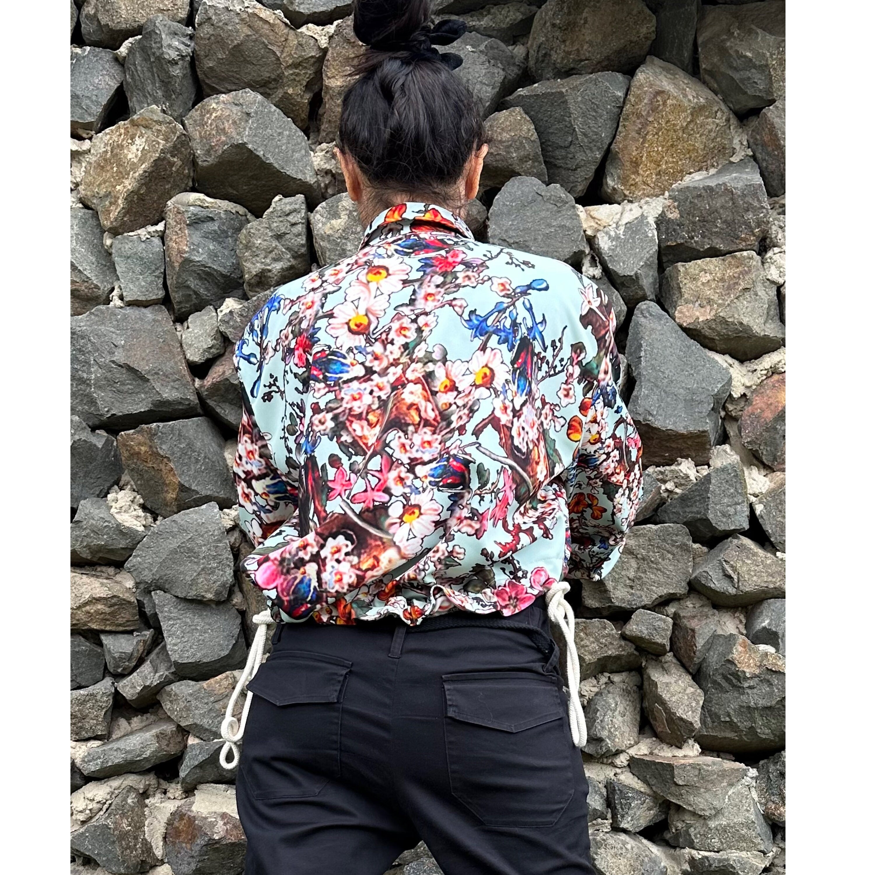 Colourful Neoprene Blouse: Asymmetric Button-Up Top