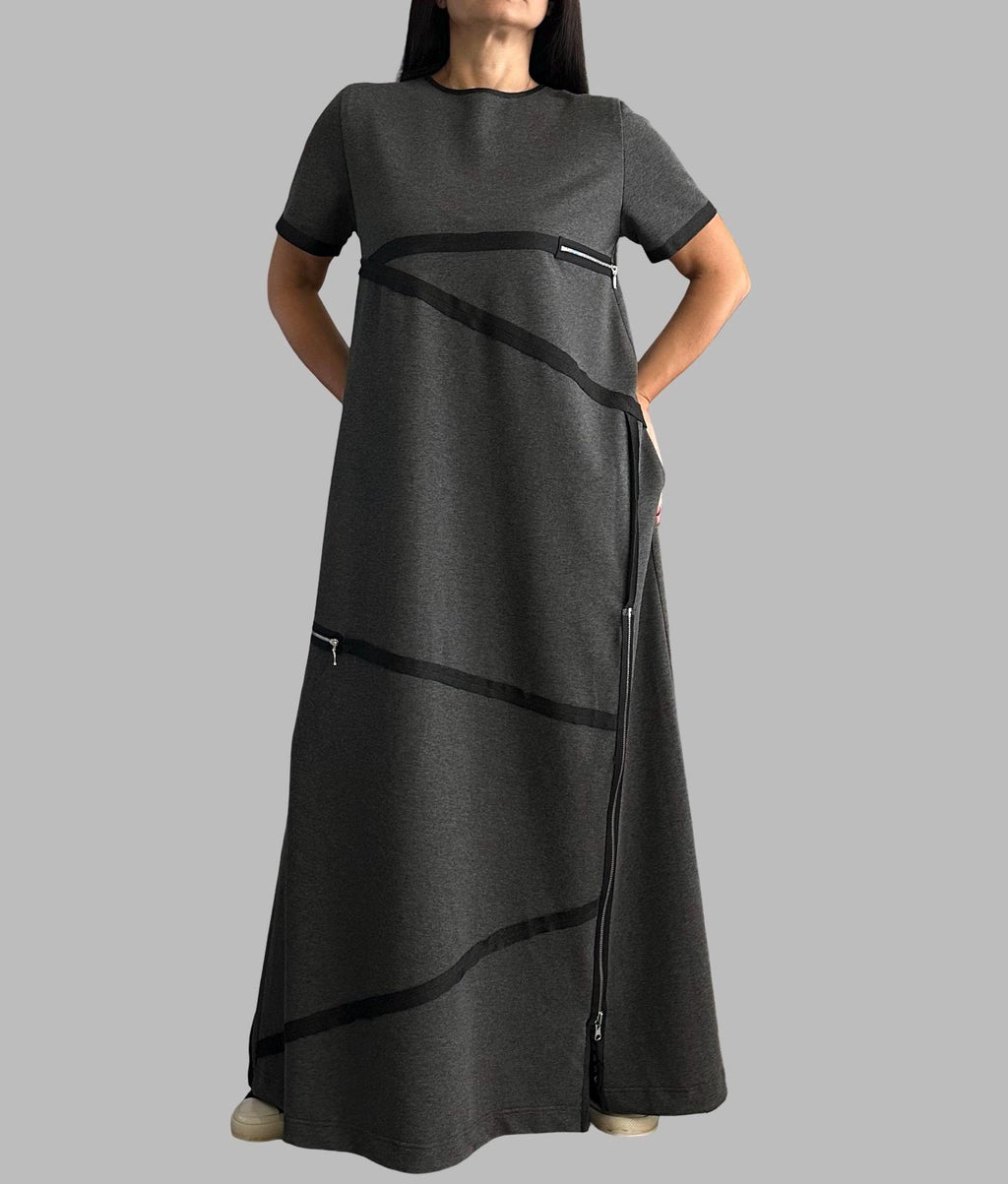 Modern Asymmetrical Maxi Dress / Cotton Urban Dress with Zipper