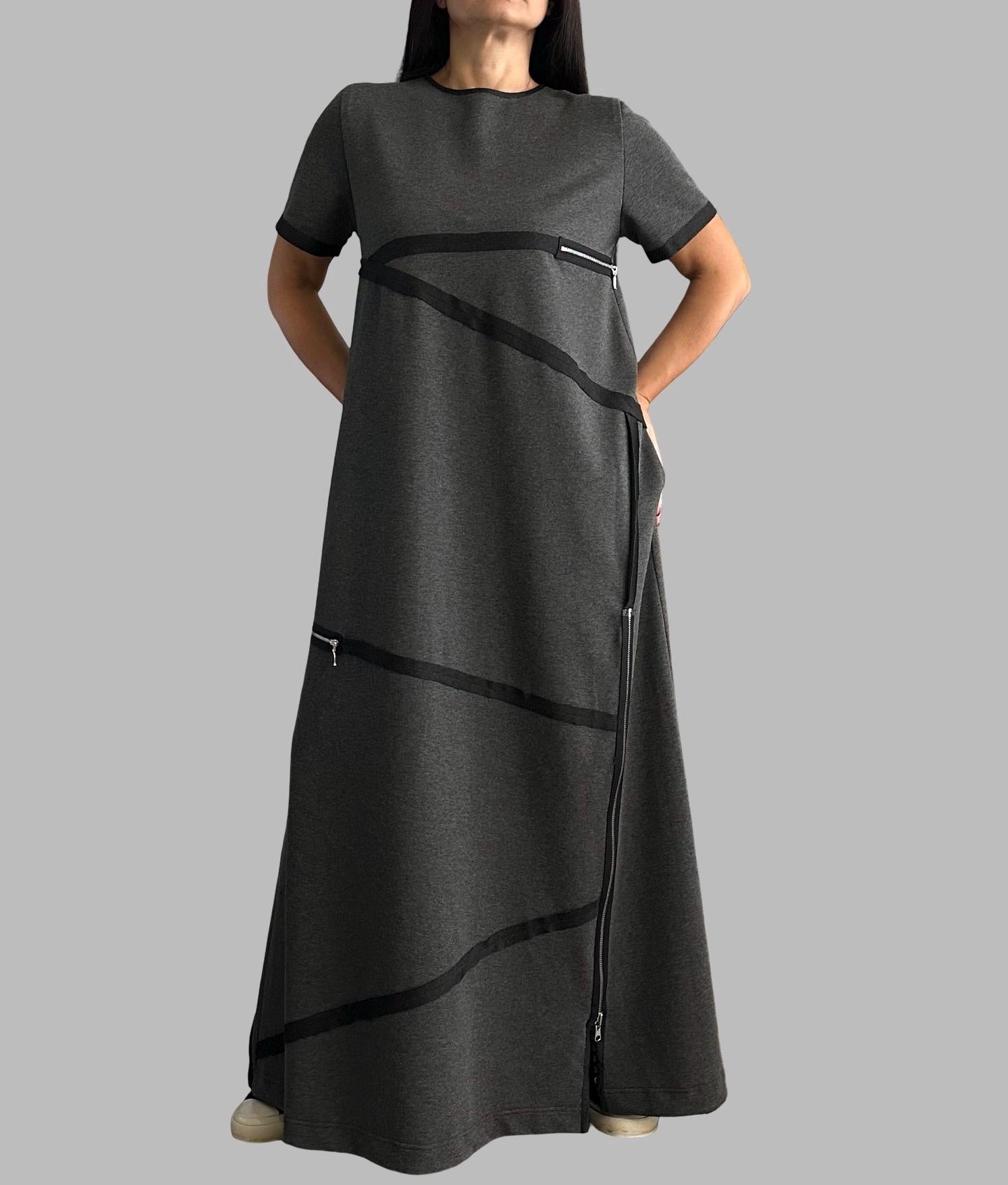 Modern Asymmetrical Maxi Dress / Cotton Urban Dress with Zipper