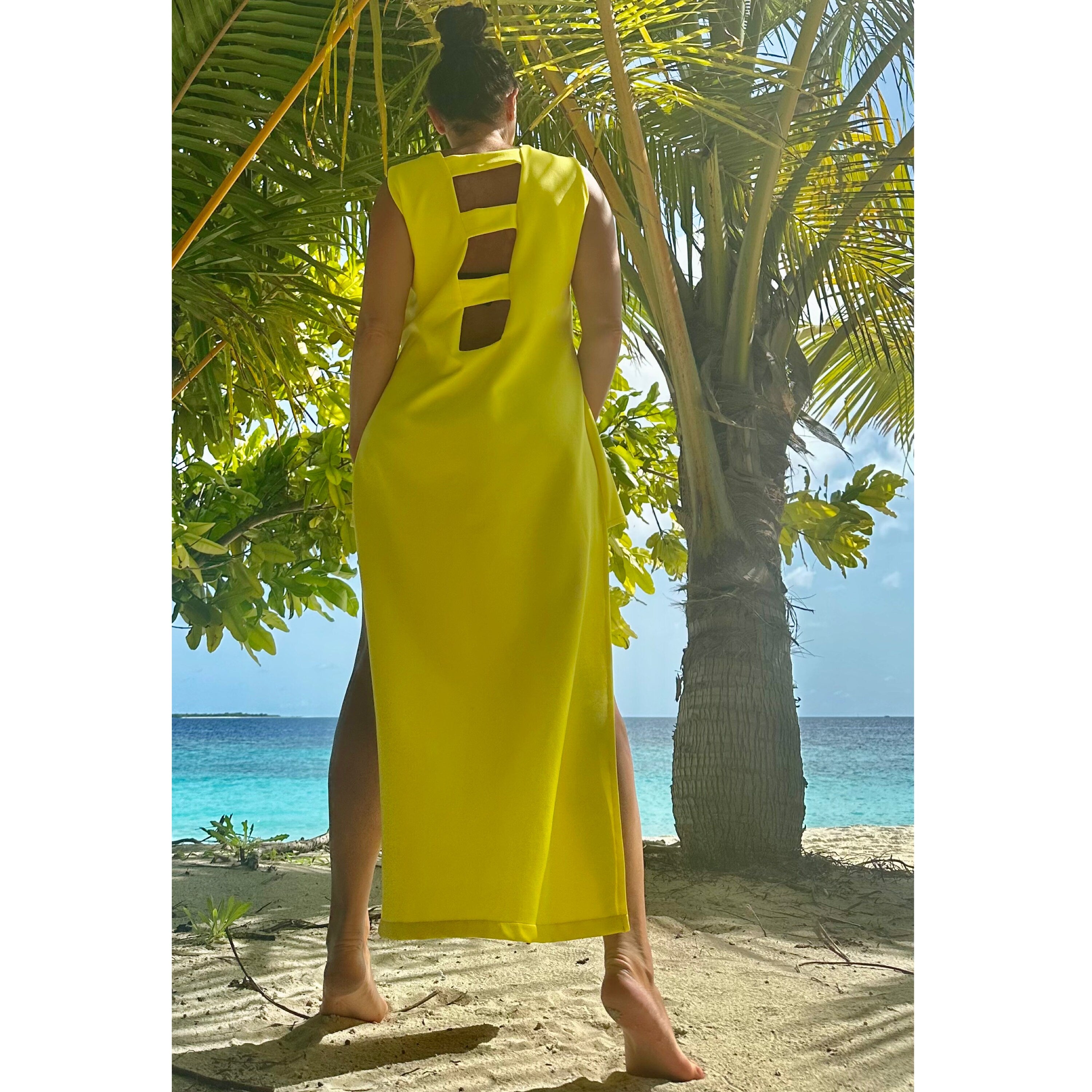 Yellow Cotton Maxi Dress with High Side Slit and Open Back Detail