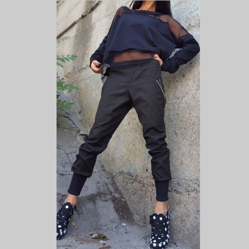 Black Avant-Garde Cotton Pants with Zipper Details / Urban Designer Trousers