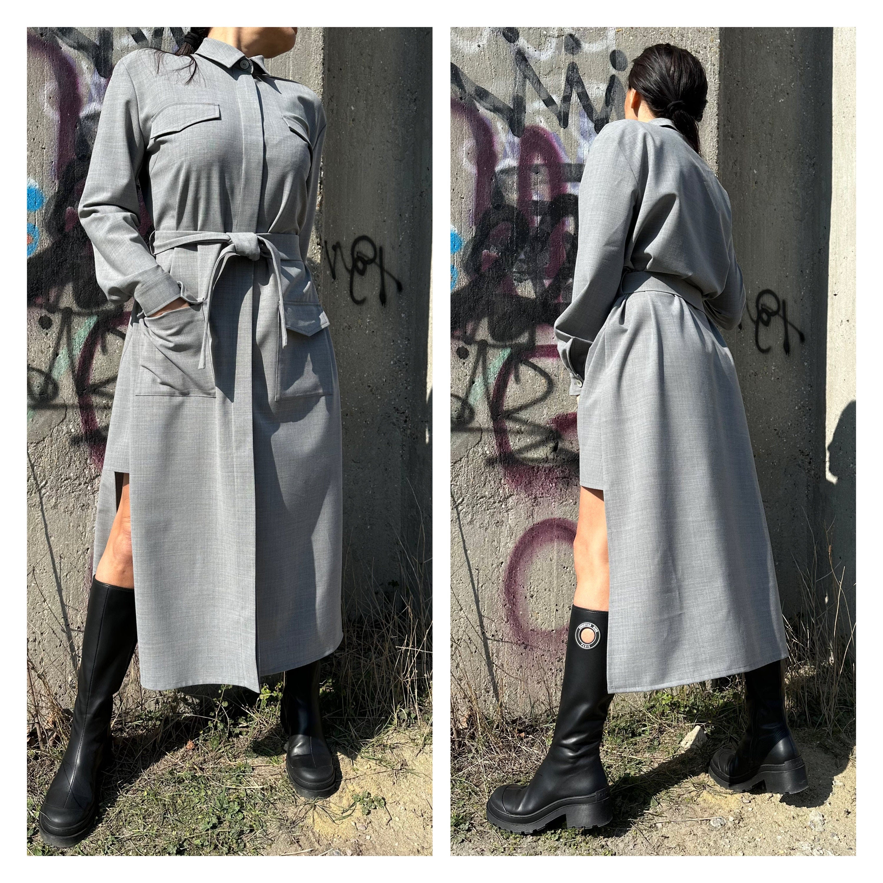 Grey Long Sleeve Shirt Dress: Belted Cotton-Blend Outwear