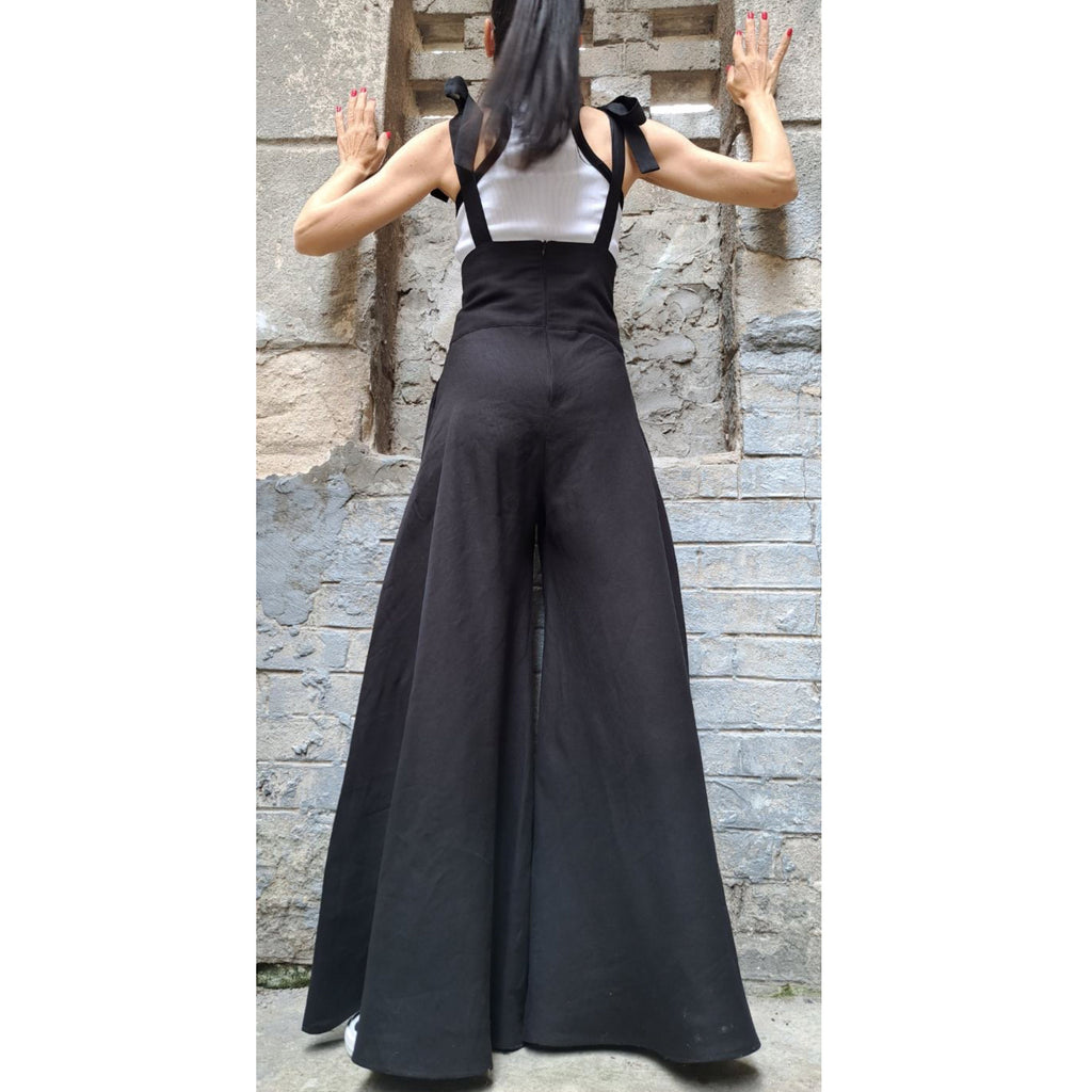 High-Waisted Linen Palazzo Pants with Straps – Wide Leg Linen Trousers for Women / Adjustable Tie Straps , Side Pockets , Zipper Closure