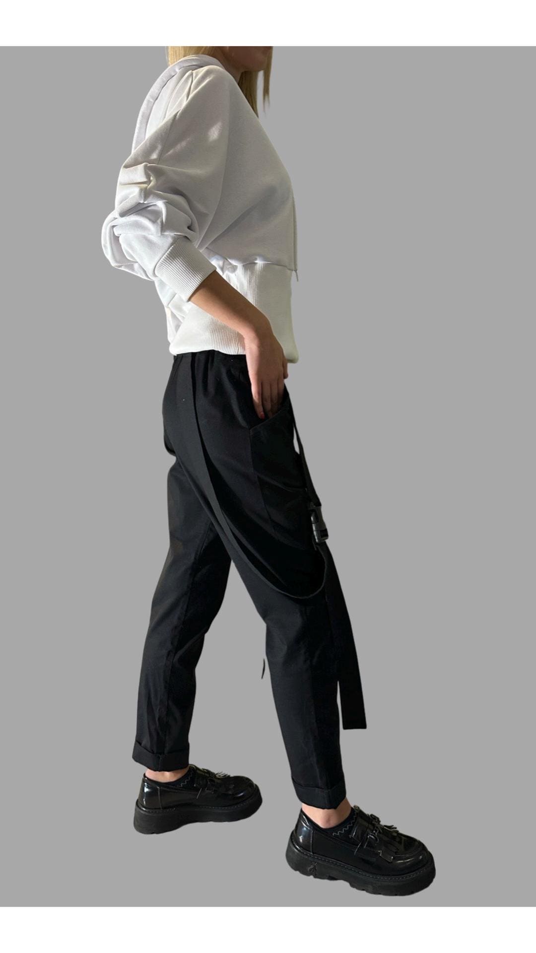 Women’s Black Casual Pants with Straps / Cotton Trousers with Elastic Waist and Buckles / Urban Everyday Pants