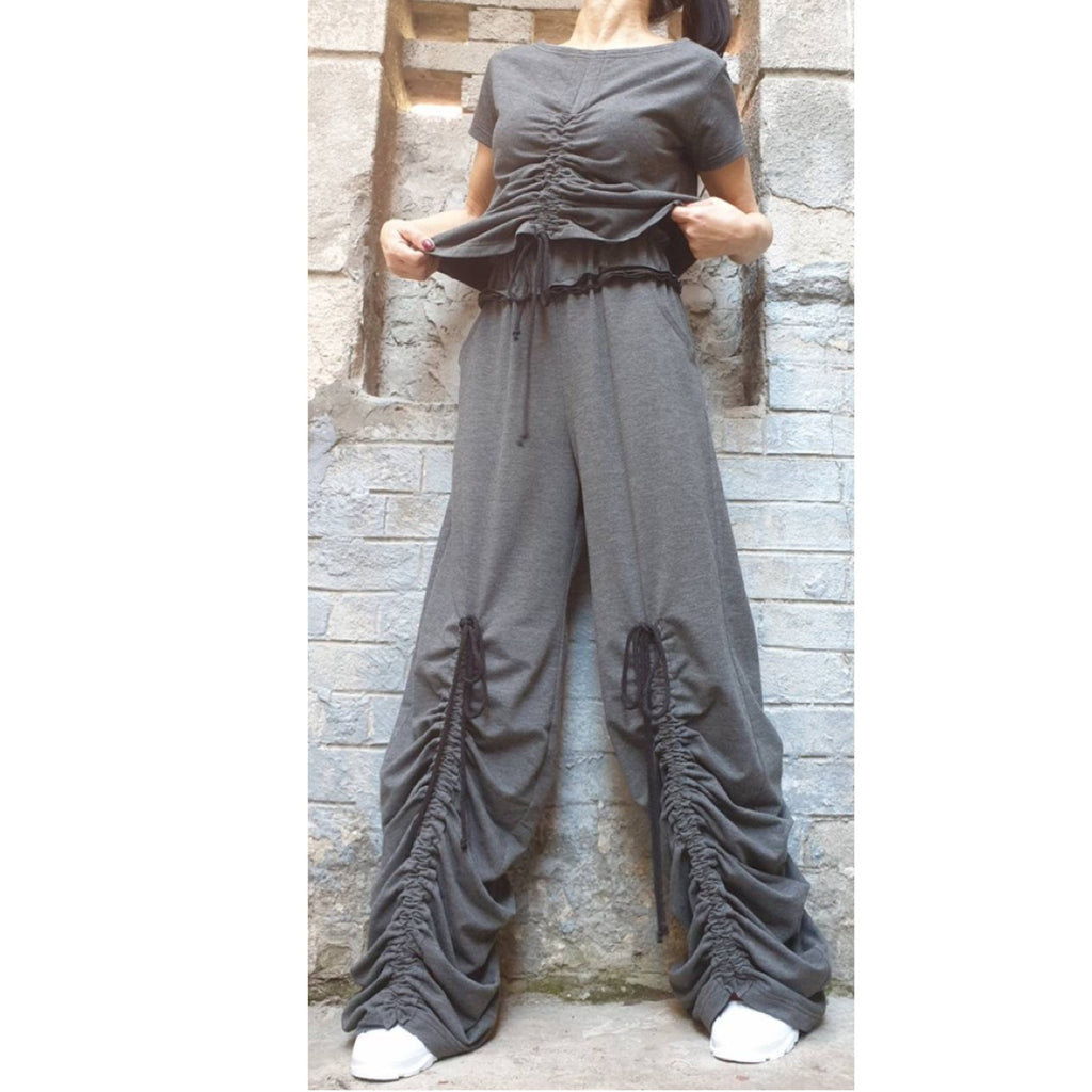 Avant-Garde Wide Leg Pants – Dark Grey Ruched Trousers with High Waist & Pockets
