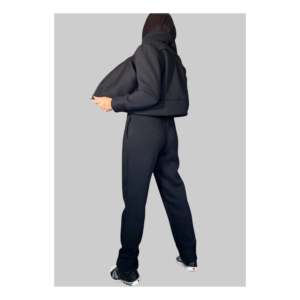 Women’s Two-Piece Tracksuit Set – Black High-Neck Zip Jacket & Jogger Pants / Thick Cotton Blend Loungewear / Minimalist Athleisure Outfit