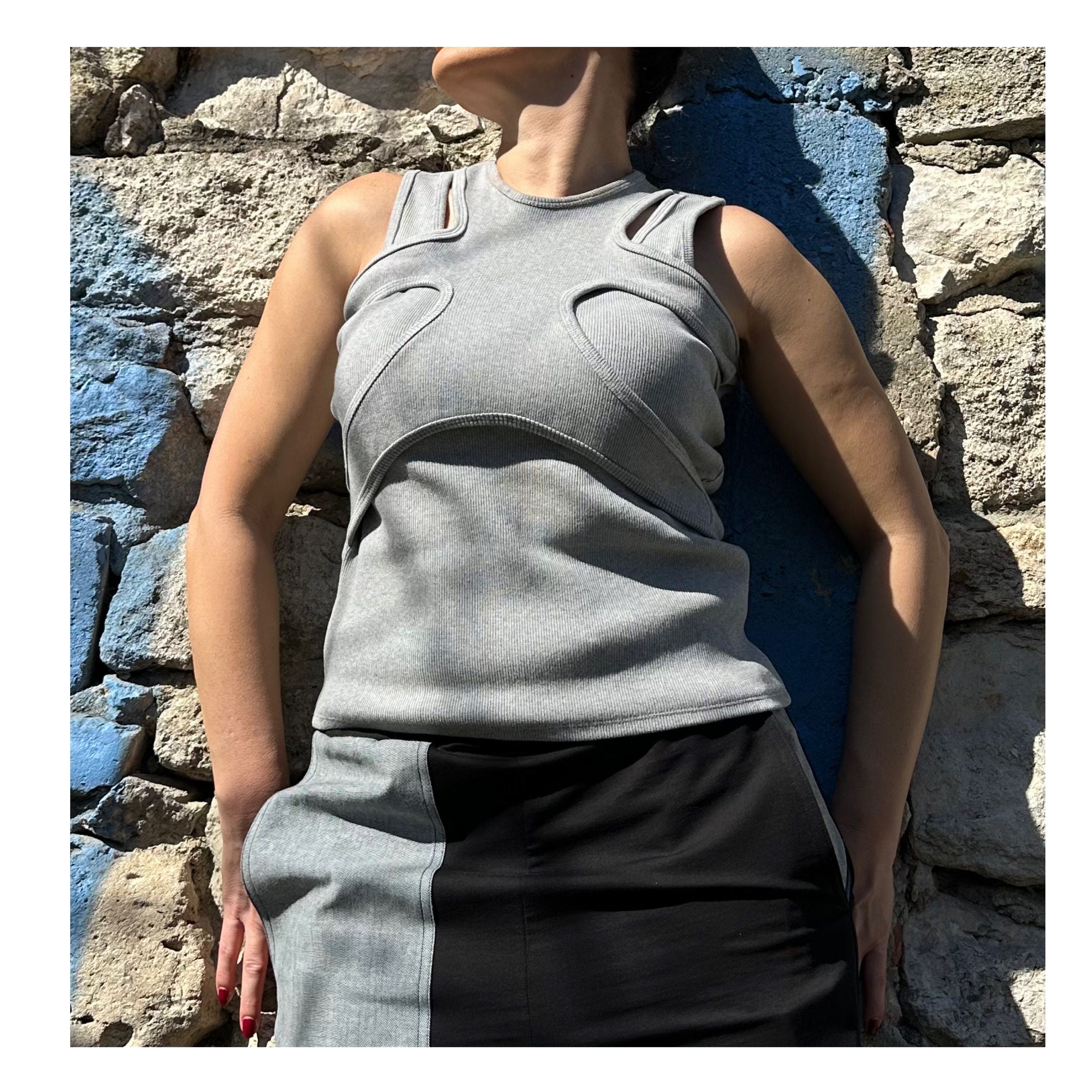 Grey Asymmetric Cotton Tank Top: Extravagant Sleeveless Blouse