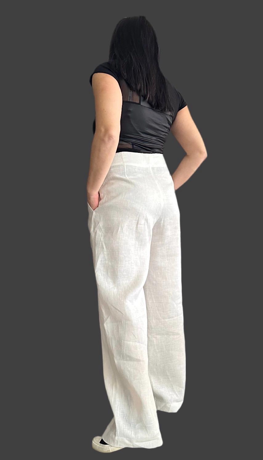 Linen Wide Leg Pants / Asymmetric High Waist Summer Trousers