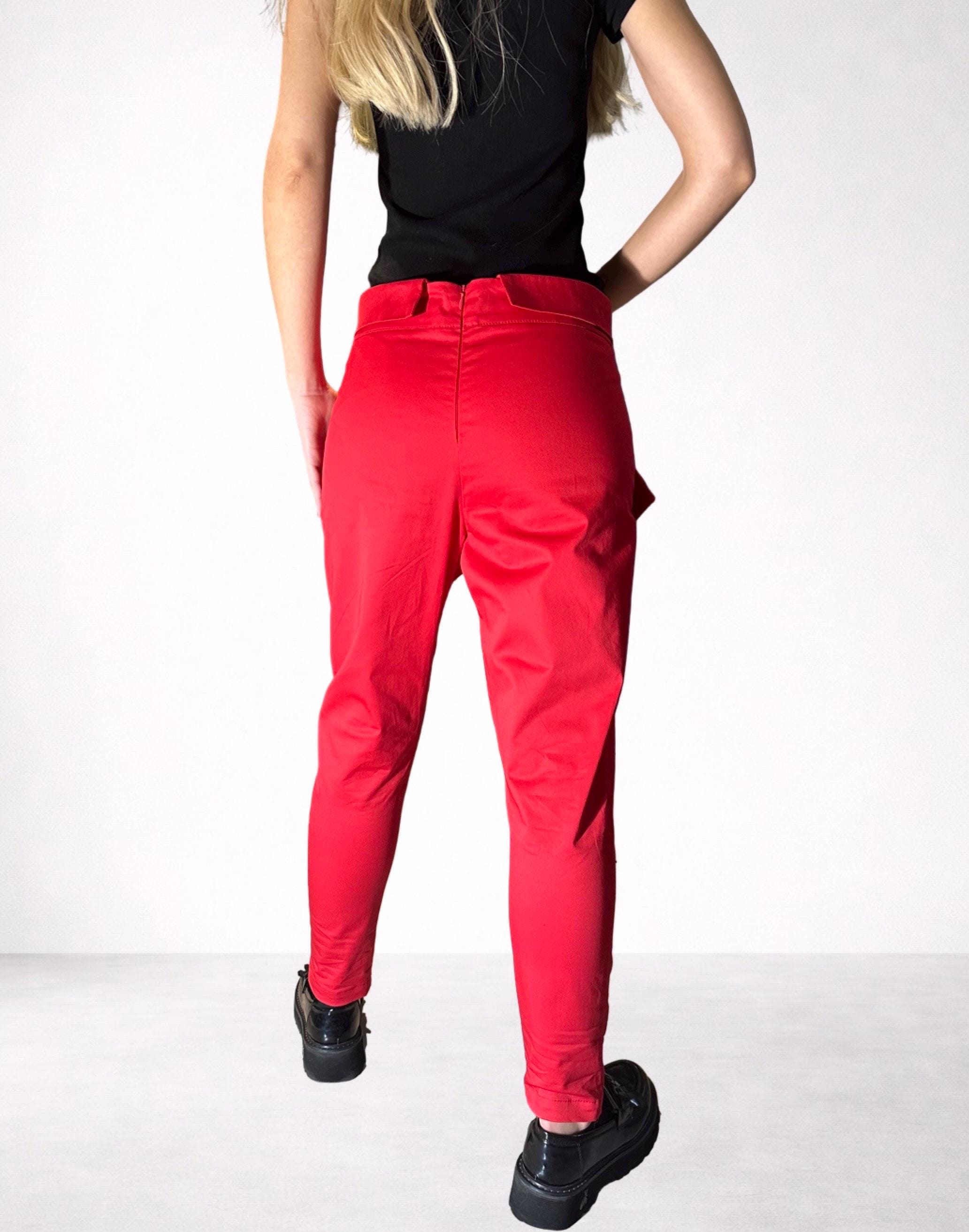 Red Cotton Pants with Asymmetrical Front Detail / Front Pockets / Casual Drop Crotch Trousers