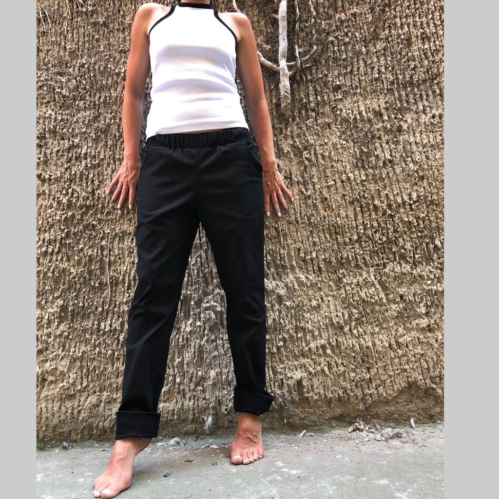 Women’s Casual Cotton Pants – High-Waist Elastic Trousers with Side Pockets / Everyday Straight-Leg Pants / Minimalist Soft Fabric Pants