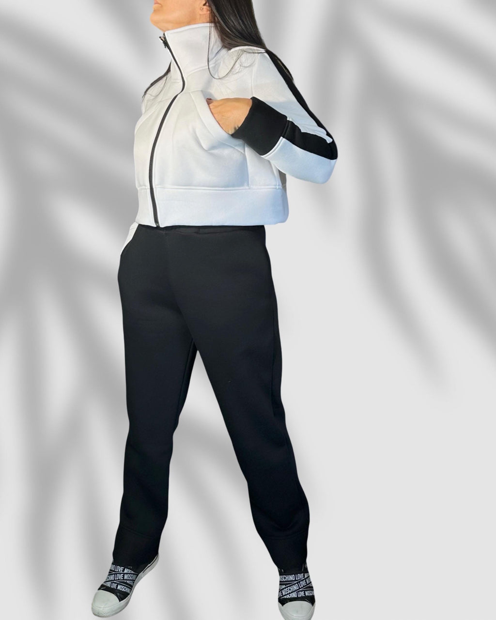 Black  White Fleece Set – Cropped Jacket & High Waist Joggers / Warm Two-Piece Tracksuit