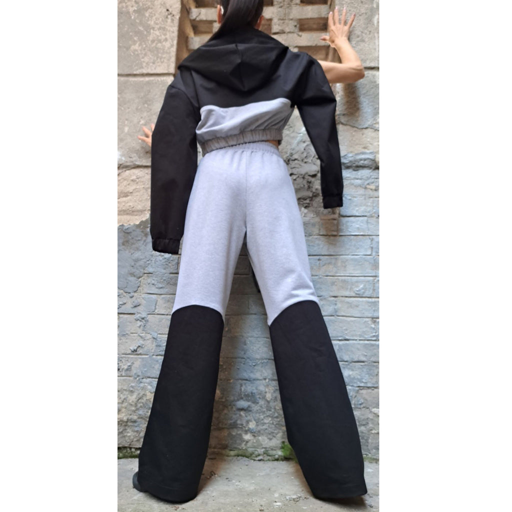 Urban Two-Piece Cotton Set – Cropped Hooded Top & High Waist Pants / Grey and Black Women’s Outfit