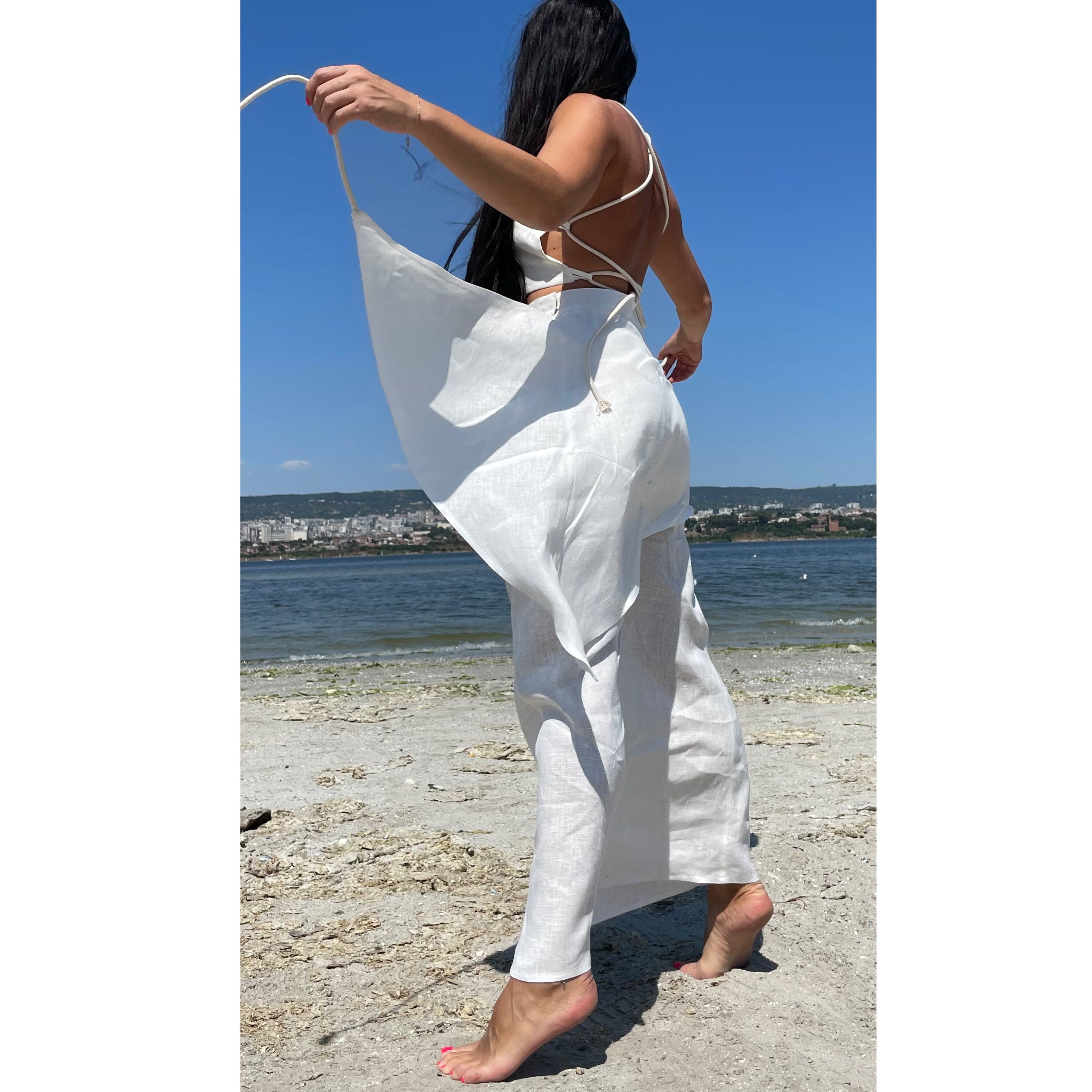 Asymmetric Summer White Linen Skirt Top Set