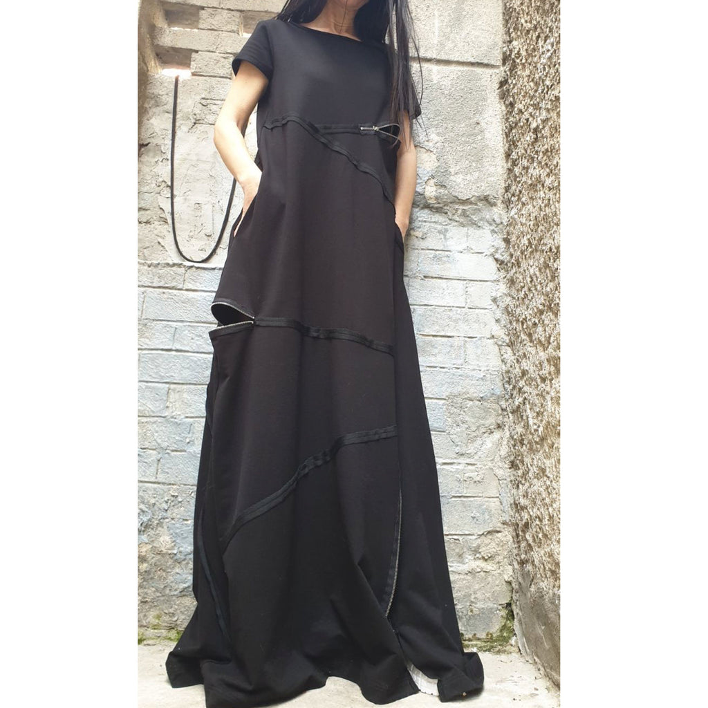 Black Maxi Designer Dress – Avant-Garde Cut Dress with Zippers & Exposed Seams / Cotton Fleece Jersey / Oversized Architectural Dress XS–5XL
