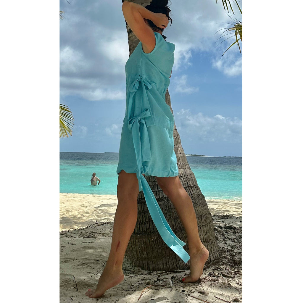 Women’s Light Blue Linen Dress – Sleeveless Summer Tunic with Side Ties / Beachwear Resort
